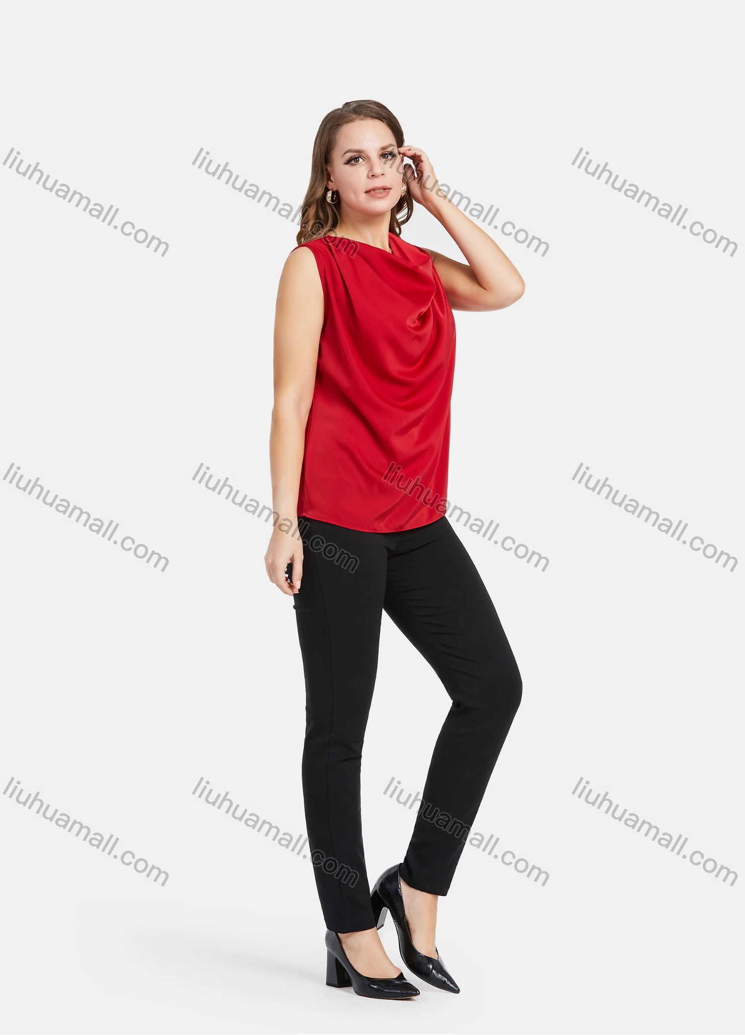 Wholesale Women's Elegant Cowl Neck Plain Pullover Sleeveless Blouse - Liuhuamall