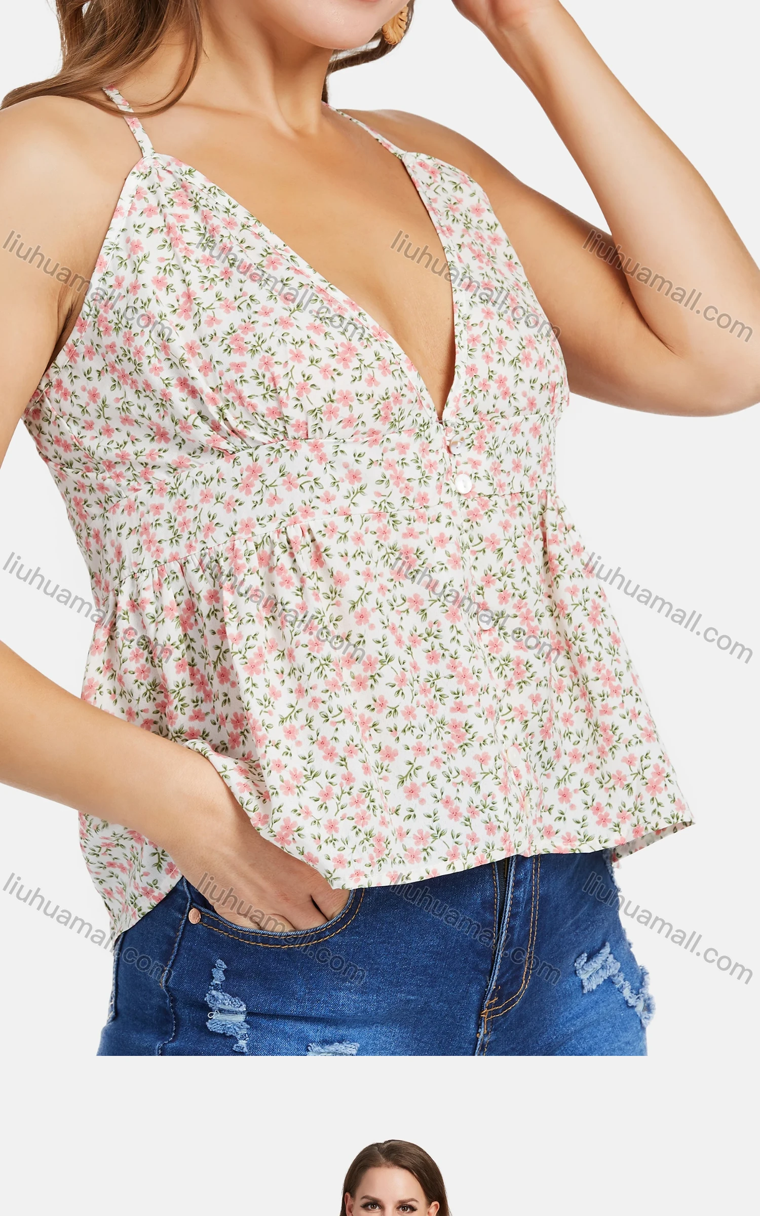 Wholesale Women's V Neck Back Cross Strap Floral Print Ruffle Hem Cami Top - Liuhuamall