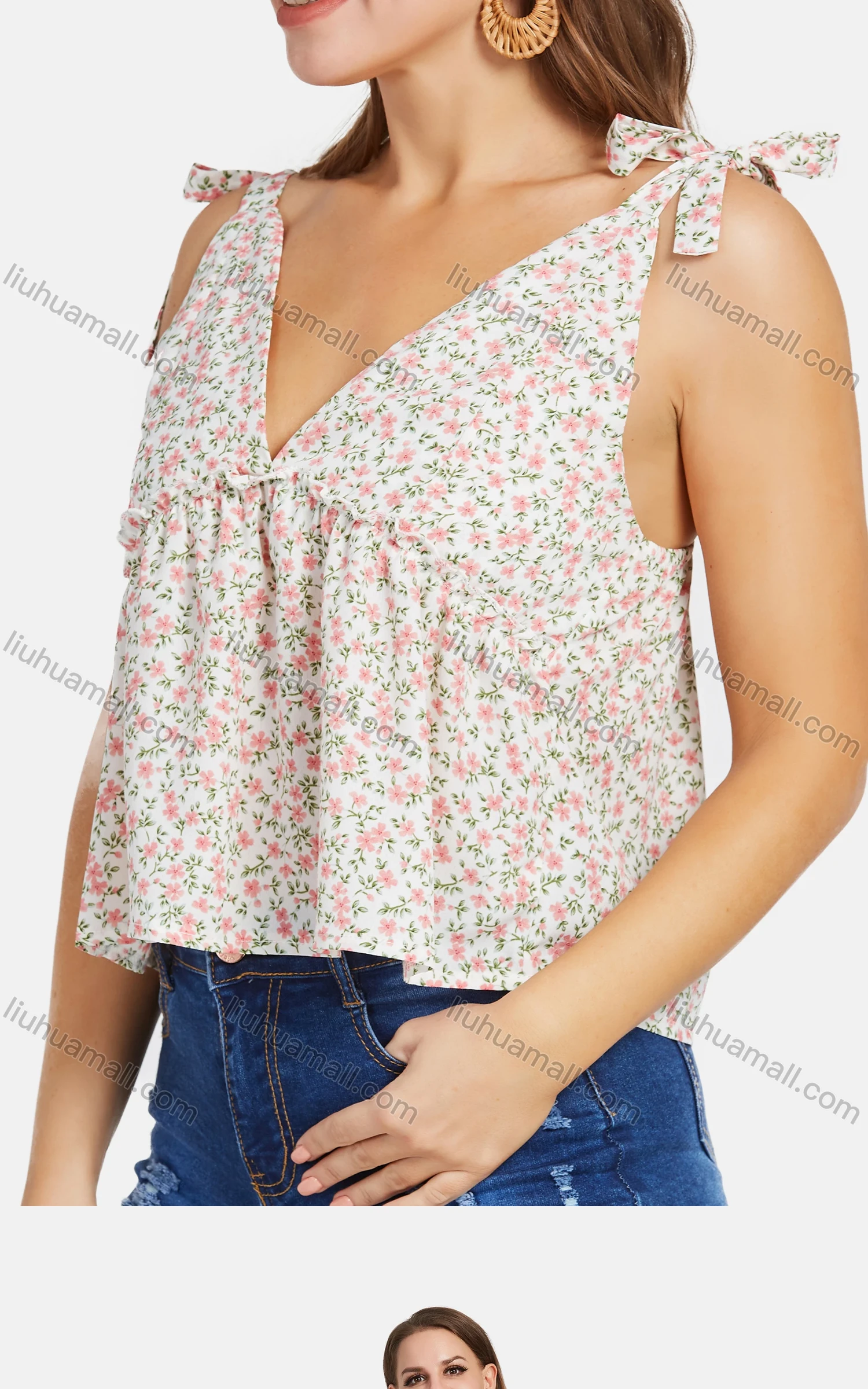 Wholesale Women's V Neck Sleeveless Floral Print Shoulder Bowknot Ruffle Cami Top - Liuhuamall