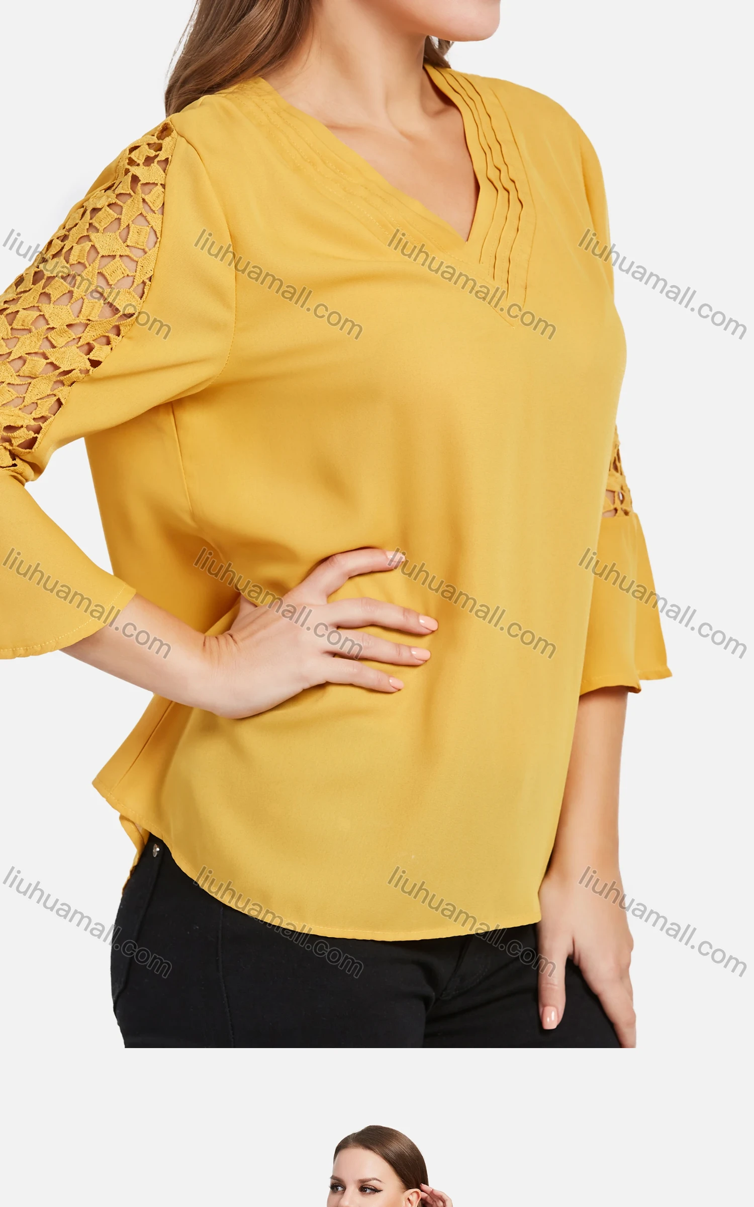 Wholesale Women's Casual V Neck Bell Sleeve Hollow Out Sleeve Plain Blouse - Liuhuamall