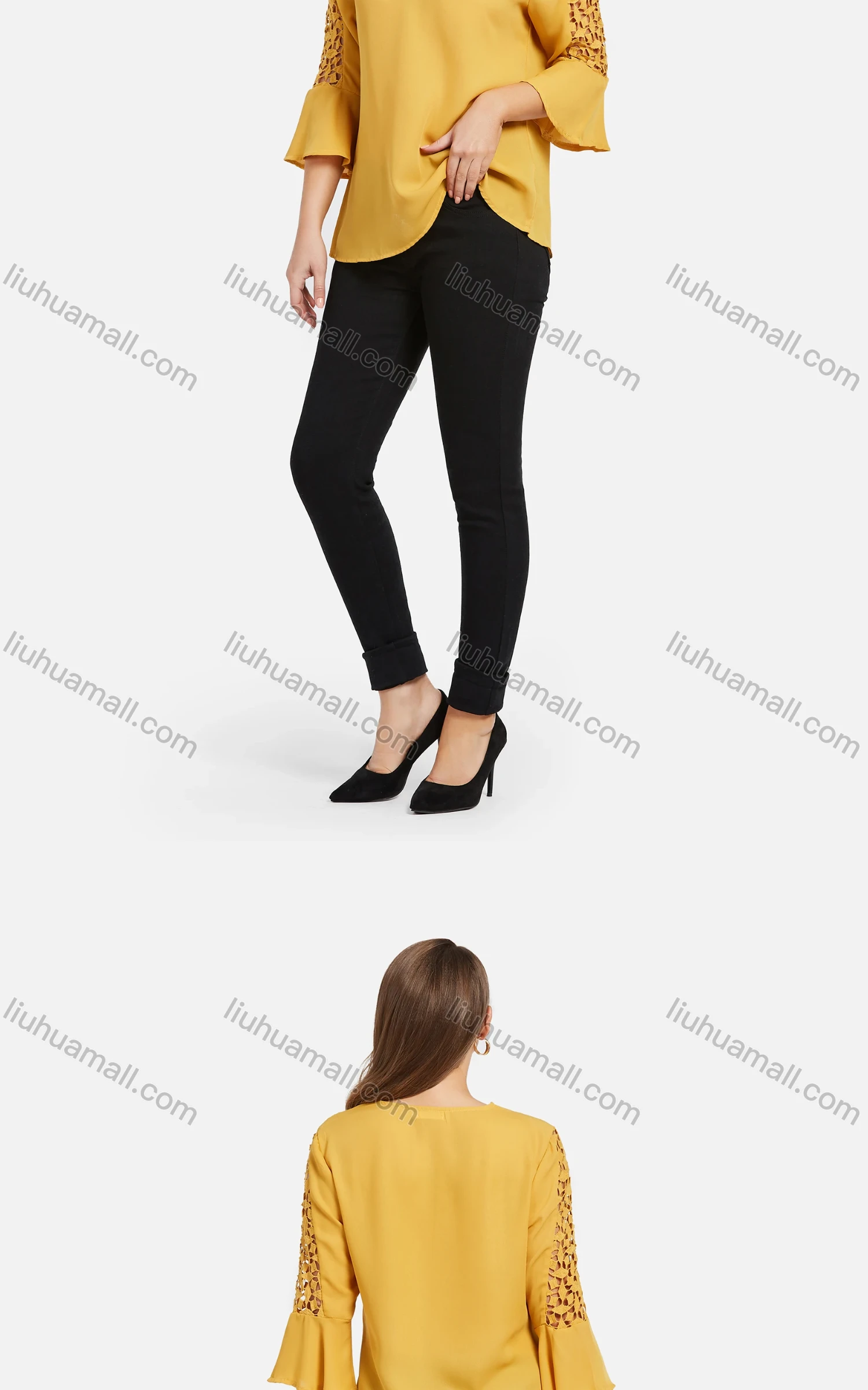 Wholesale Women's Casual V Neck Bell Sleeve Hollow Out Sleeve Plain Blouse - Liuhuamall