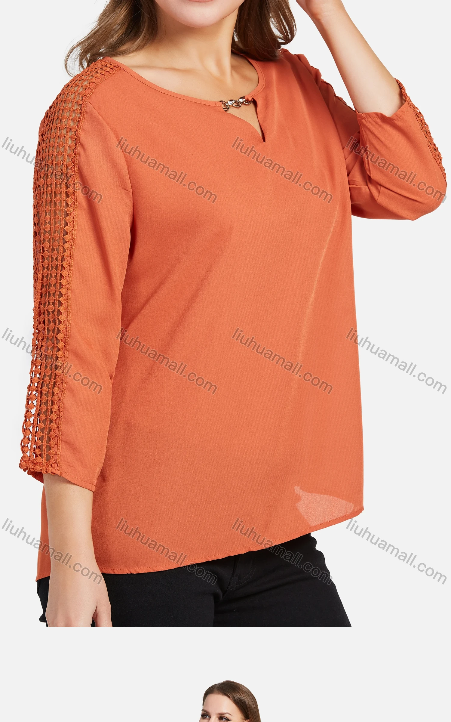 Wholesale Women's Casual Notch Neck Chain Hollow Sleeve Shoulder Plain Blouse - Liuhuamall