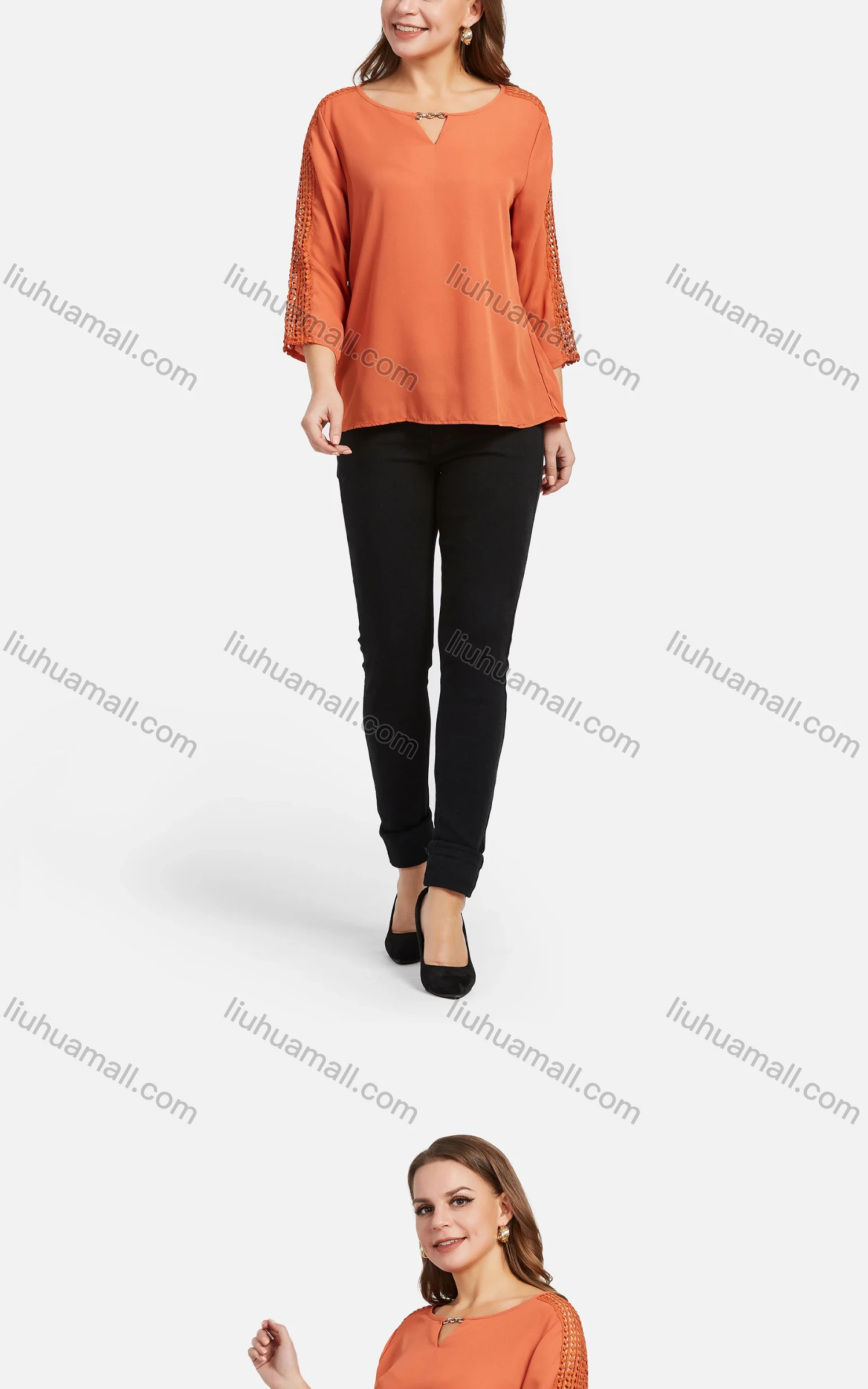 Wholesale Women's Casual Notch Neck Chain Hollow Sleeve Shoulder Plain Blouse - Liuhuamall