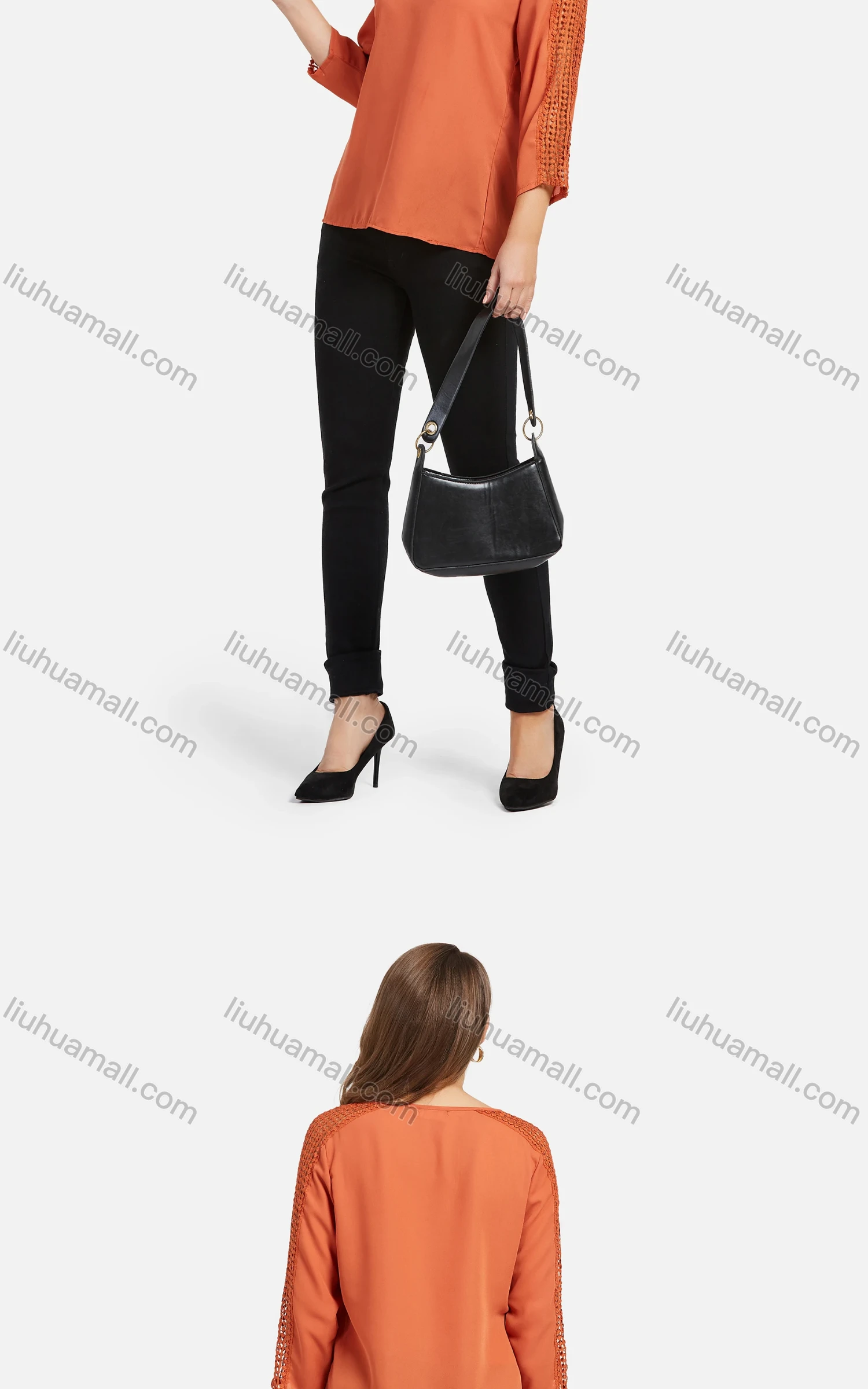 Wholesale Women's Casual Notch Neck Chain Hollow Sleeve Shoulder Plain Blouse - Liuhuamall