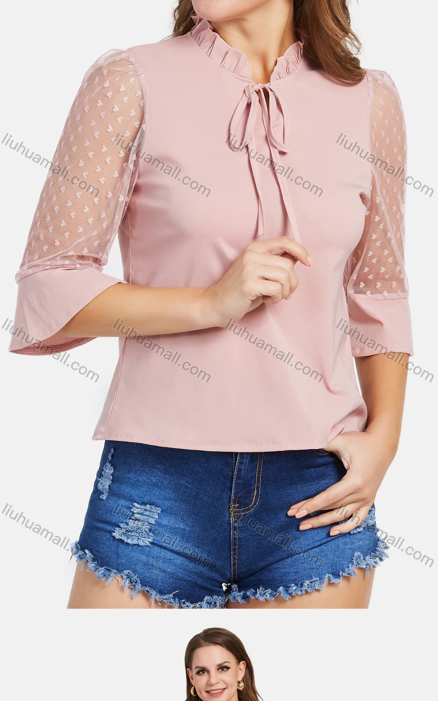 Wholesale Women's Casual Ruffle Neck Heart Print Lace Sleeve Tie Front Blouse - Liuhuamall