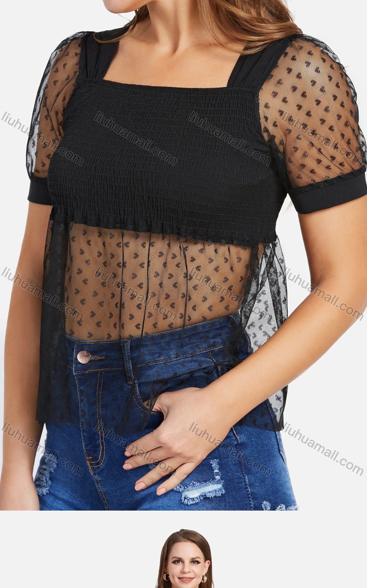 Wholesale Women's Sexy Lace Sleeve Heart Print Perspective Splicing Ruched Blouse - Liuhuamall