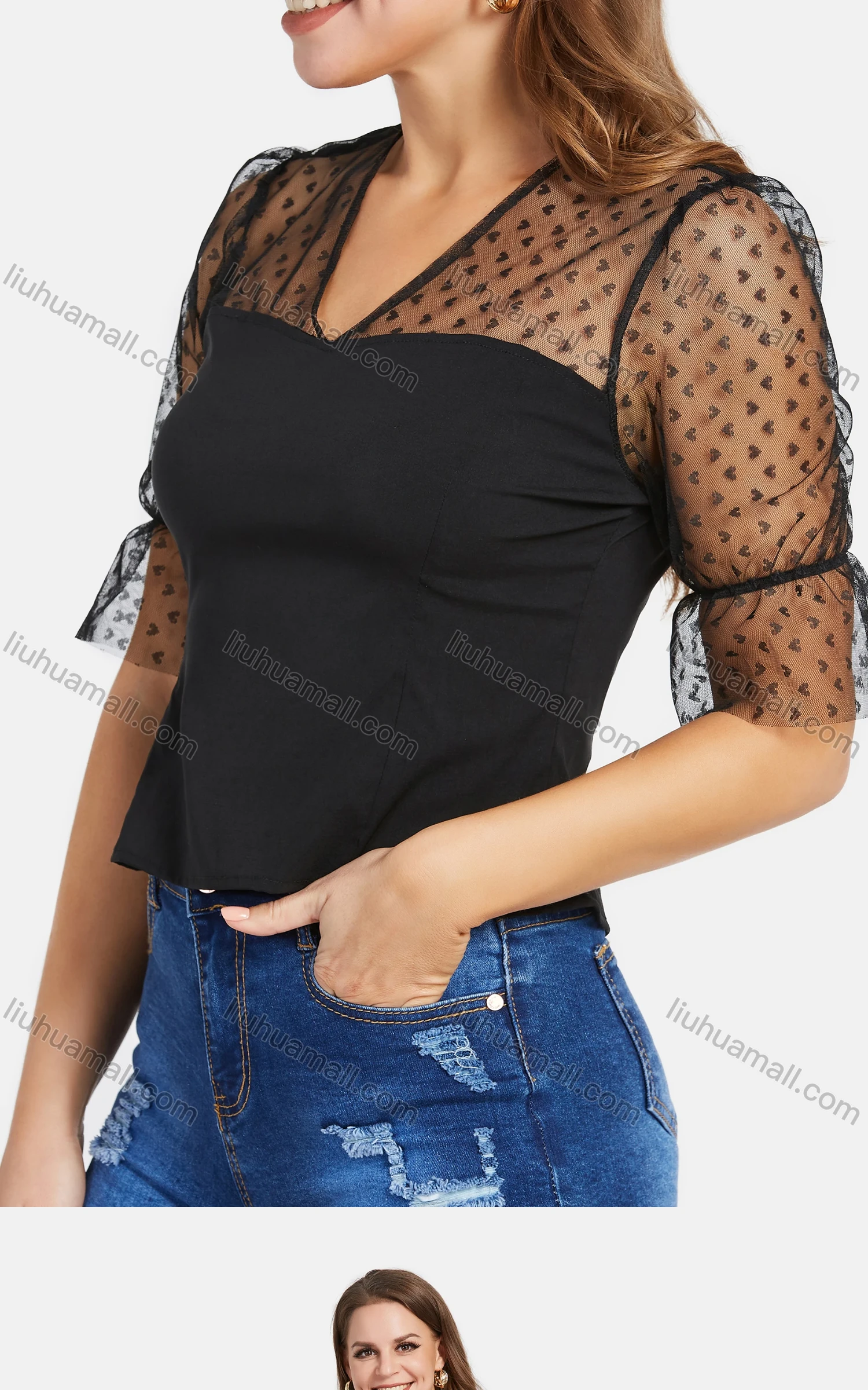 Wholesale Women's Sexy Lace Sleeve Heart Print Perspective Splicing Plain Blouse 1776# - Liuhuamall