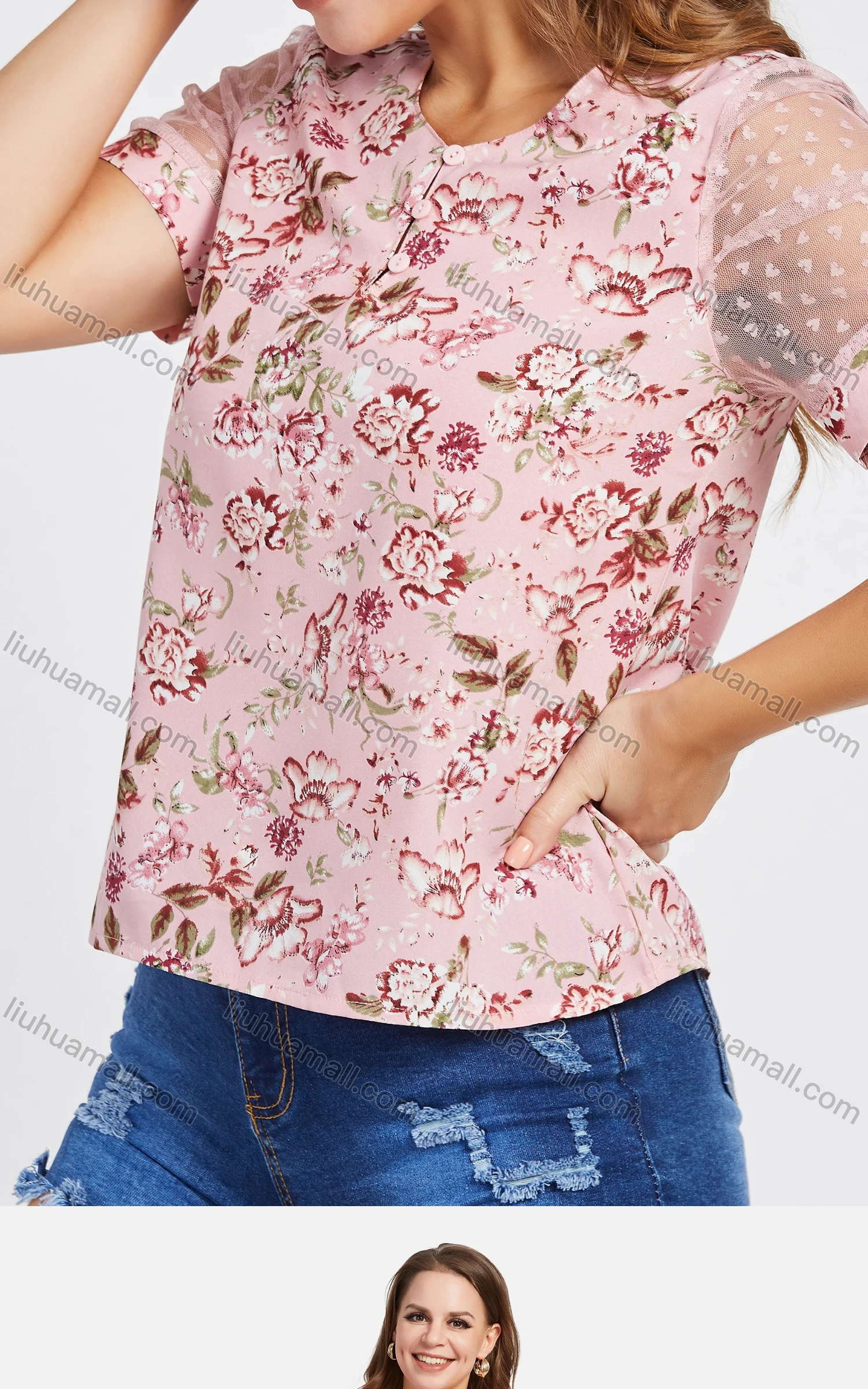 Wholesale Women's Casual Lace Perspective Sleeve Floral Print Blouse 1771# - Liuhuamall