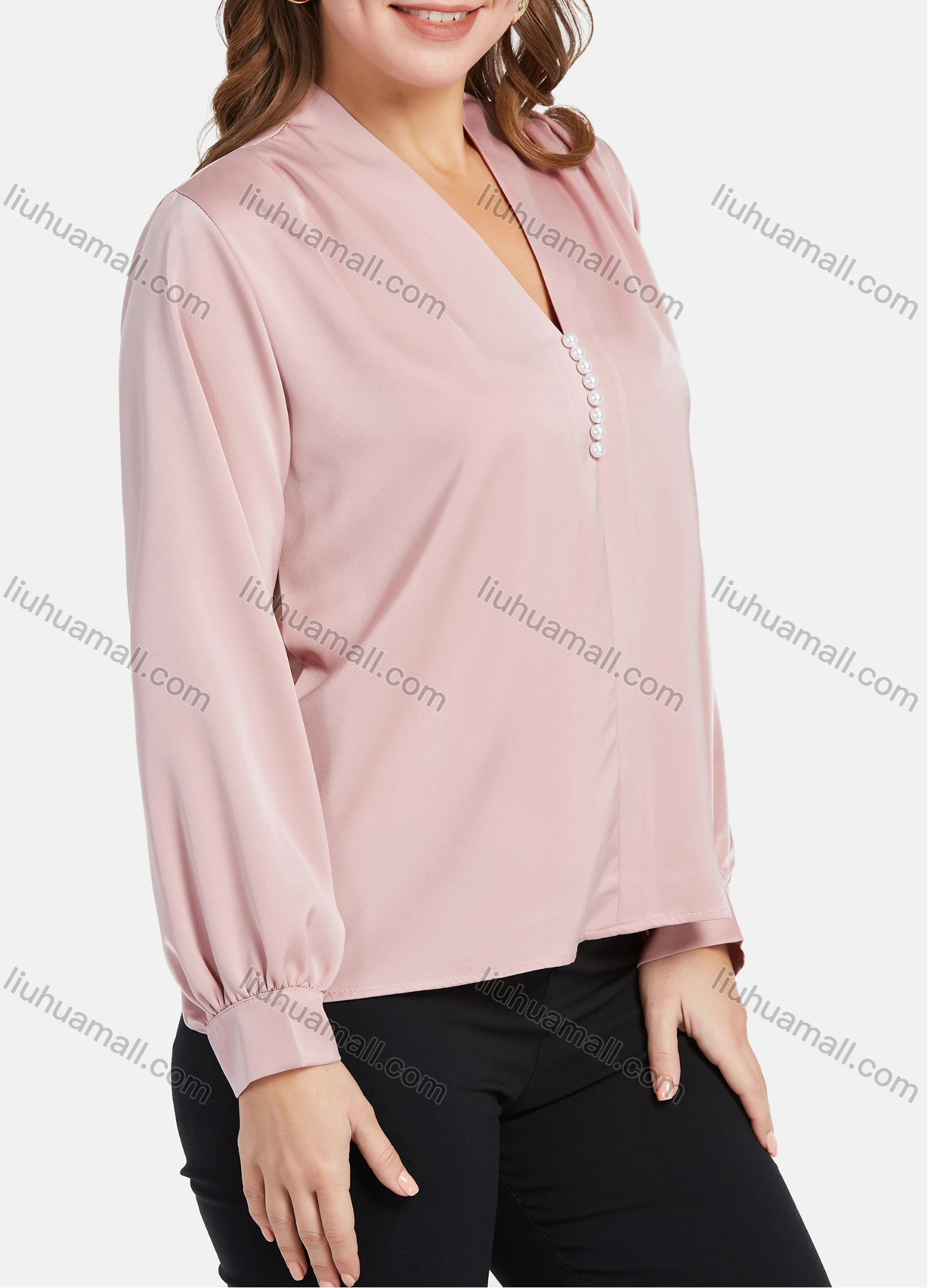 Wholesale Women's Elegant Comfort Long Sleeve V Neck Pearl Plain Blouse 2067# - Liuhuamall