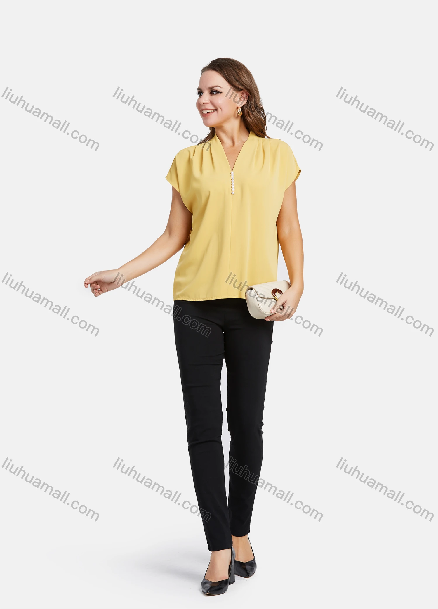 Wholesale Women's Elegant V Neck Pearl Decor Cap Sleeve Ruched Blouse 2023# - Liuhuamall