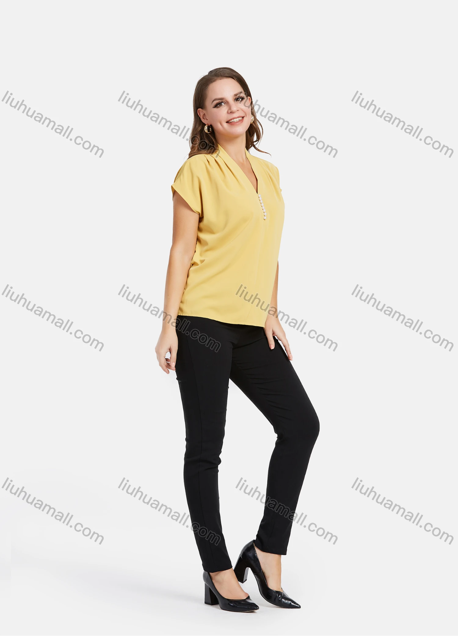 Wholesale Women's Elegant V Neck Pearl Decor Cap Sleeve Ruched Blouse 2023# - Liuhuamall