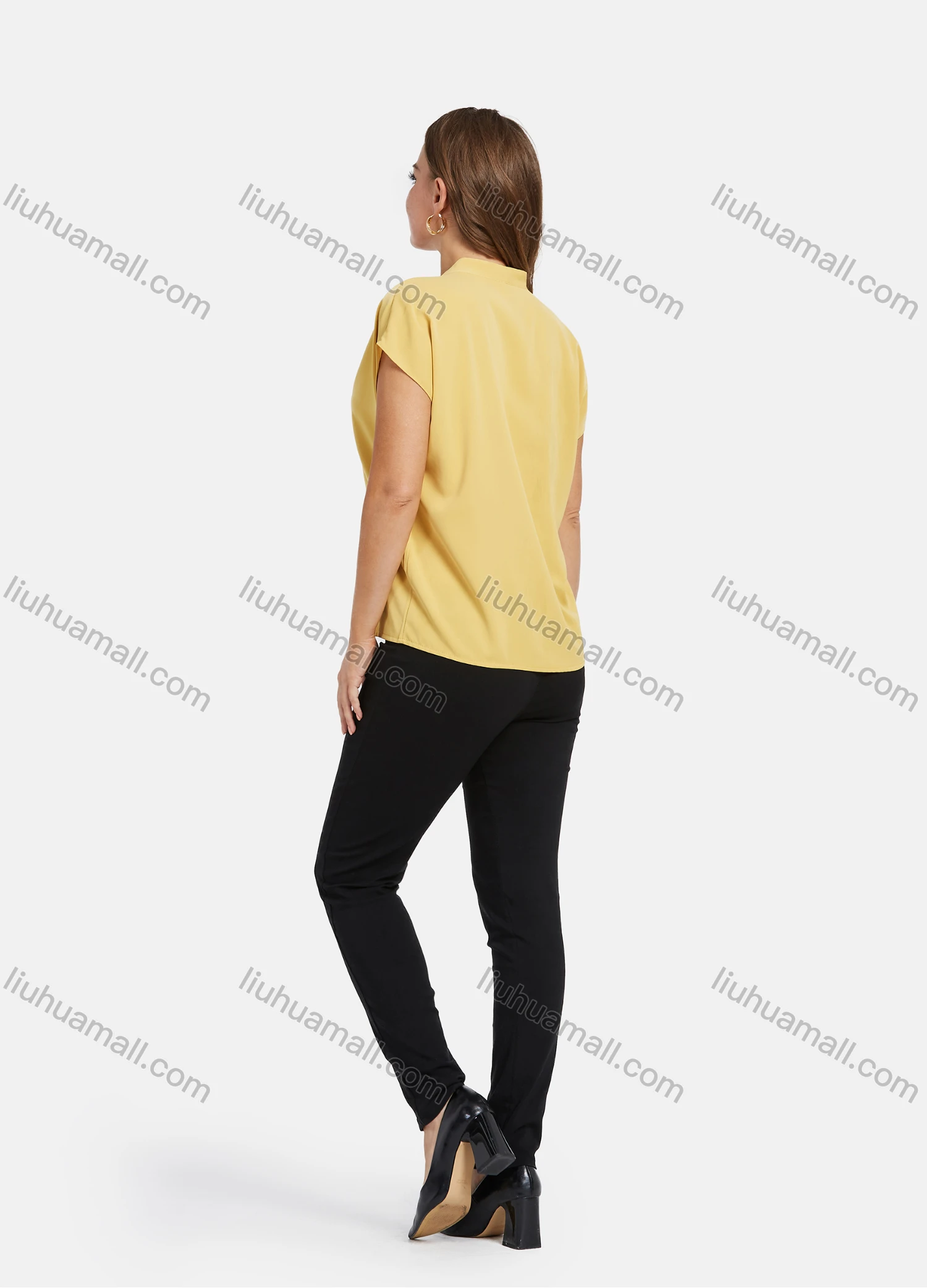 Wholesale Women's Elegant V Neck Pearl Decor Cap Sleeve Ruched Blouse 2023# - Liuhuamall