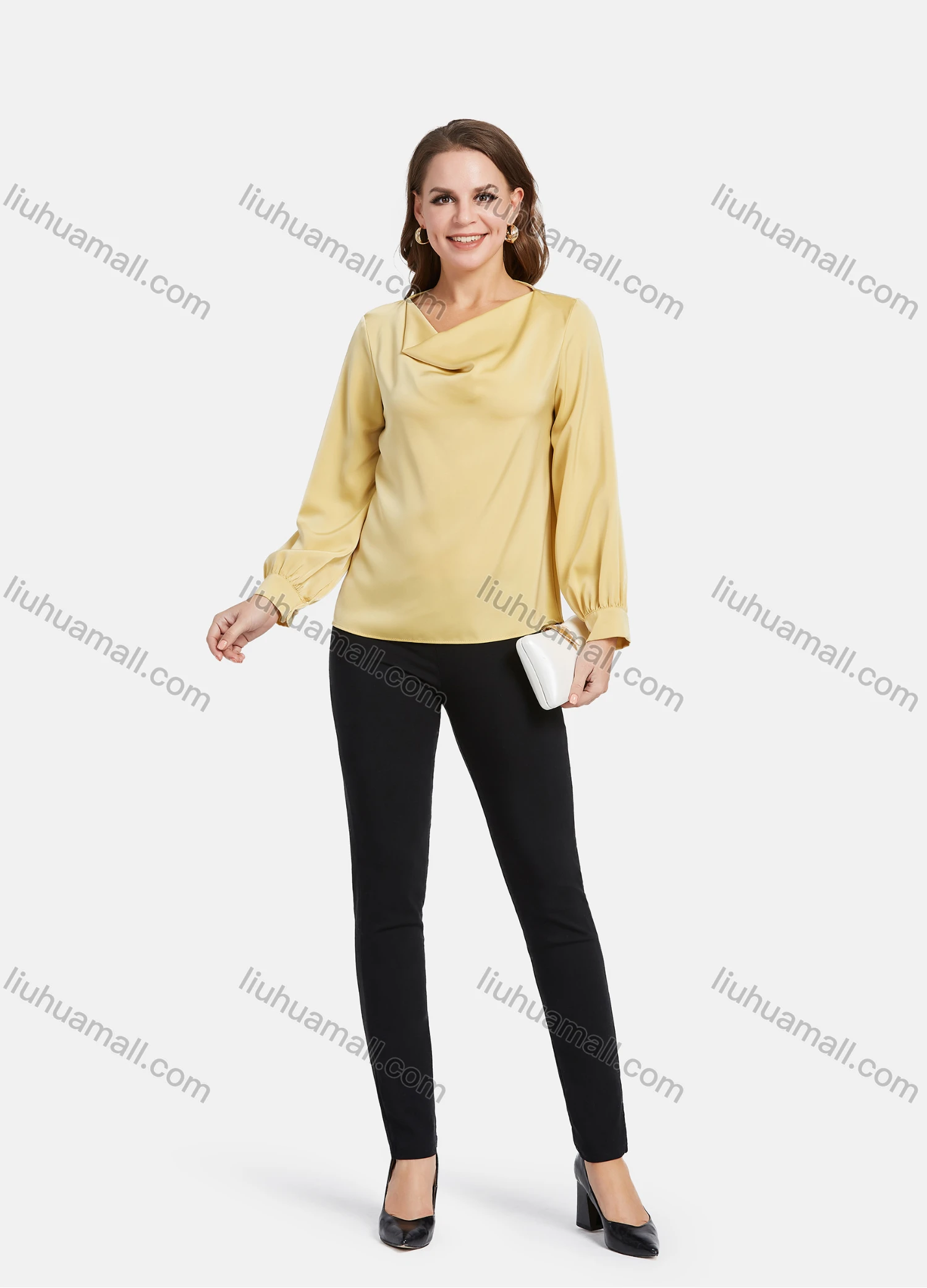 Wholesale Women's Elegant Cowl Neck Long Sleeve Ruched Cuff Blouse 2030# - Liuhuamall