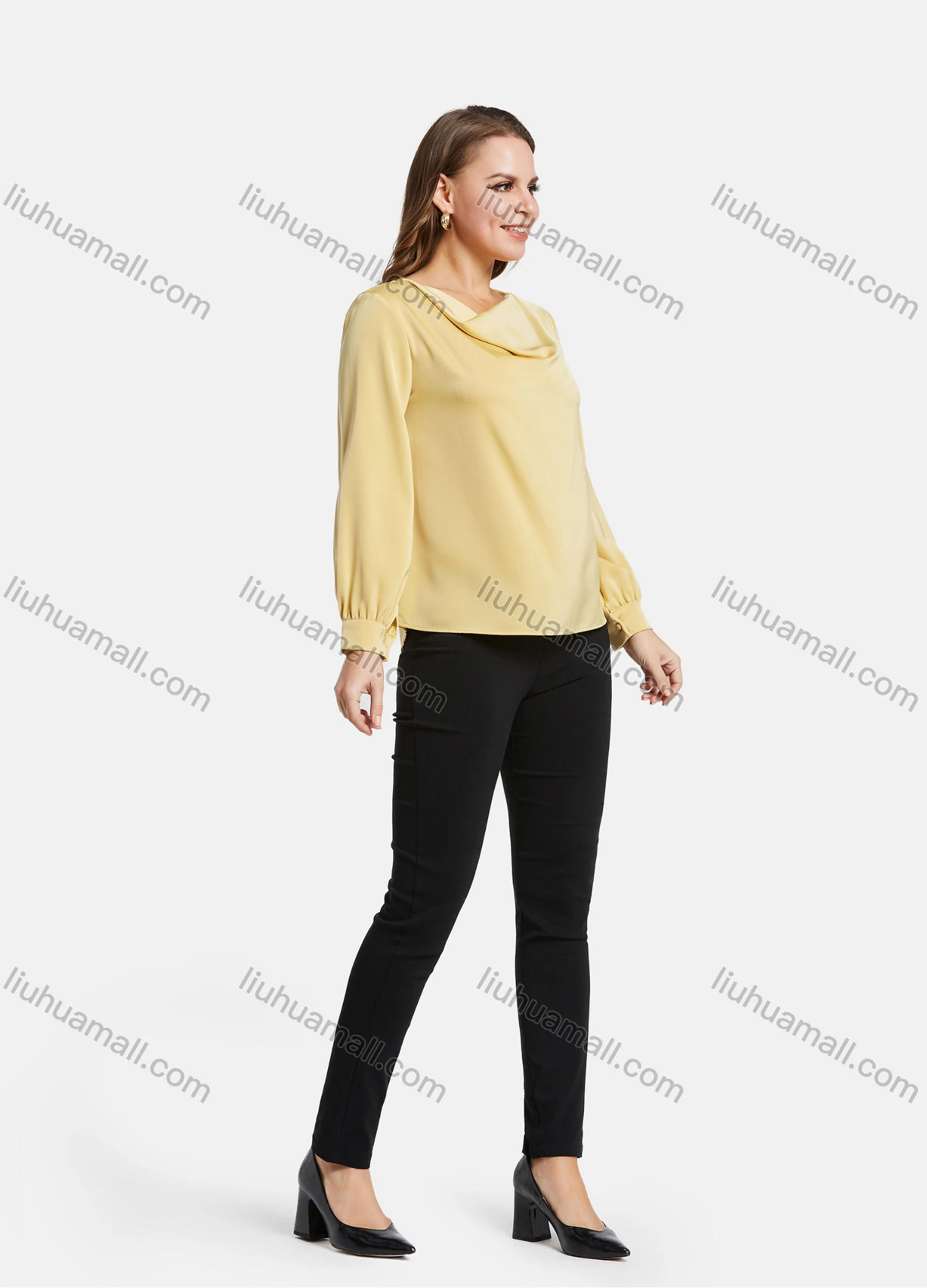 Wholesale Women's Elegant Cowl Neck Long Sleeve Ruched Cuff Blouse 2030# - Liuhuamall