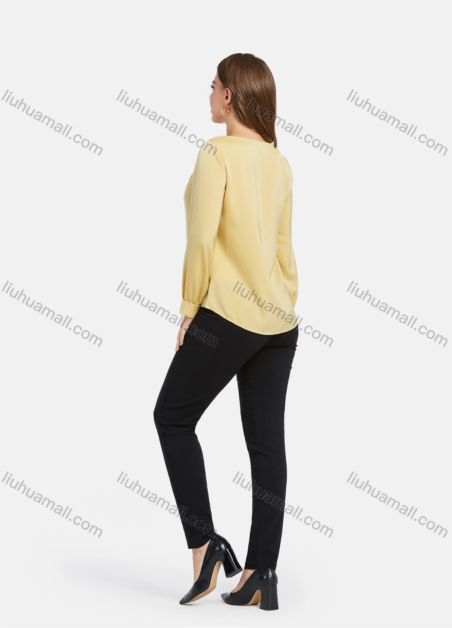 Wholesale Women's Elegant Cowl Neck Long Sleeve Ruched Cuff Blouse 2030# - Liuhuamall