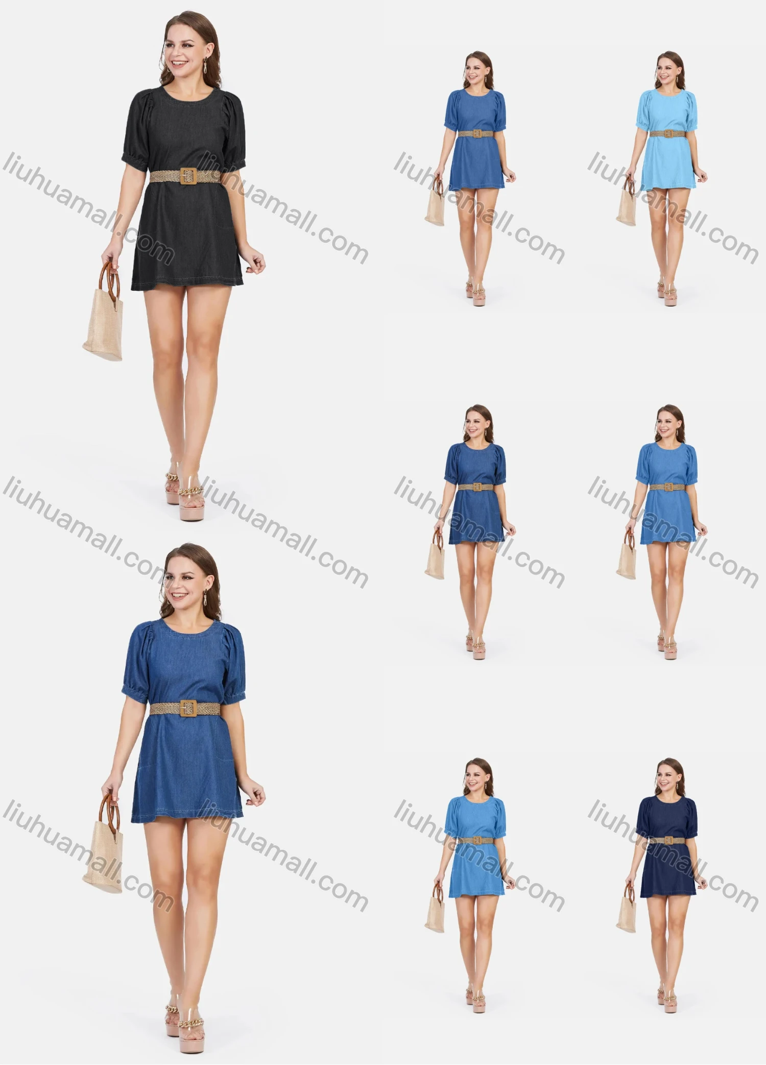 Wholesale Women's Casual High Waist Round Neck Puff Sleeve Demin Mini Dress With Belt - Liuhuamall