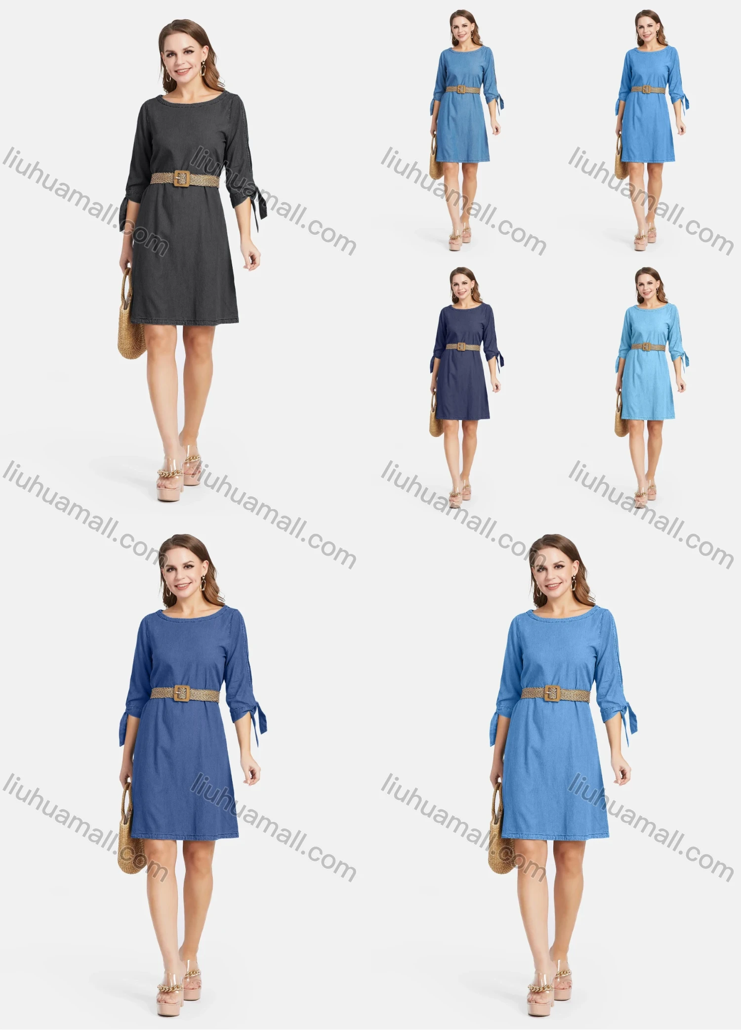 Wholesale Women's Casual Round Neck Cold Shoulder Denim Short Dress With Belt - Liuhuamall