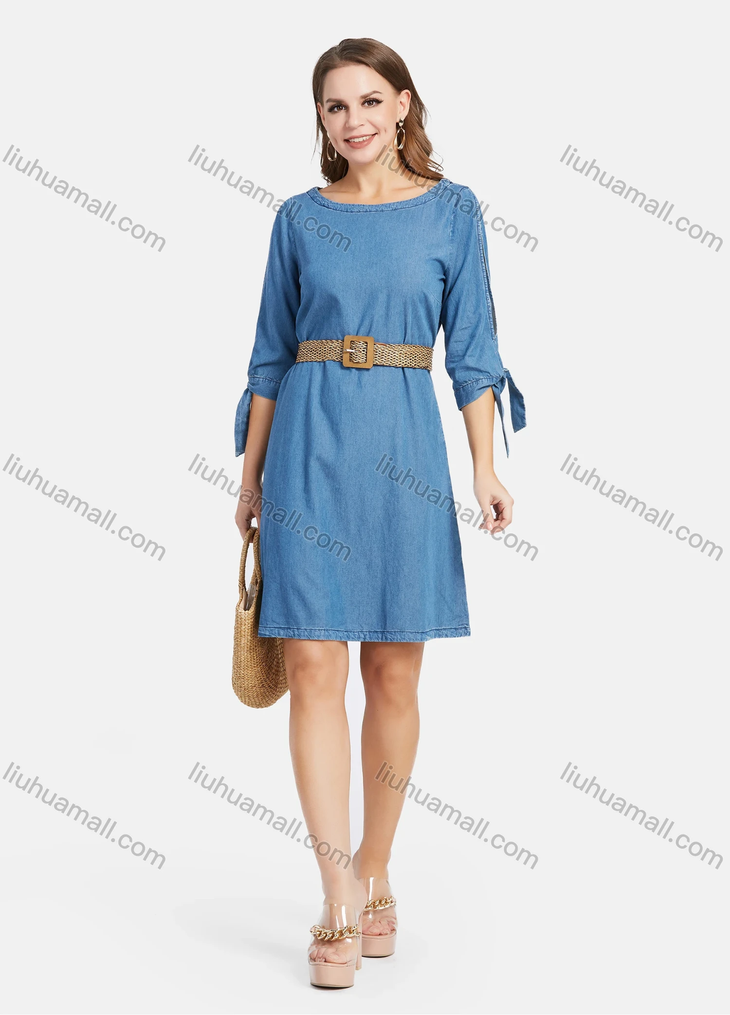 Wholesale Women's Casual Round Neck Cold Shoulder Denim Short Dress With Belt - Liuhuamall