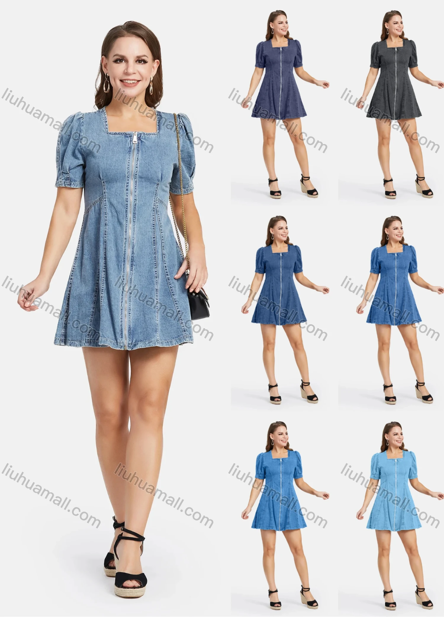 Wholesale Women's Casual High Waist Square Neck Puff Sleeve Zipper Demin Mini Dress - Liuhuamall