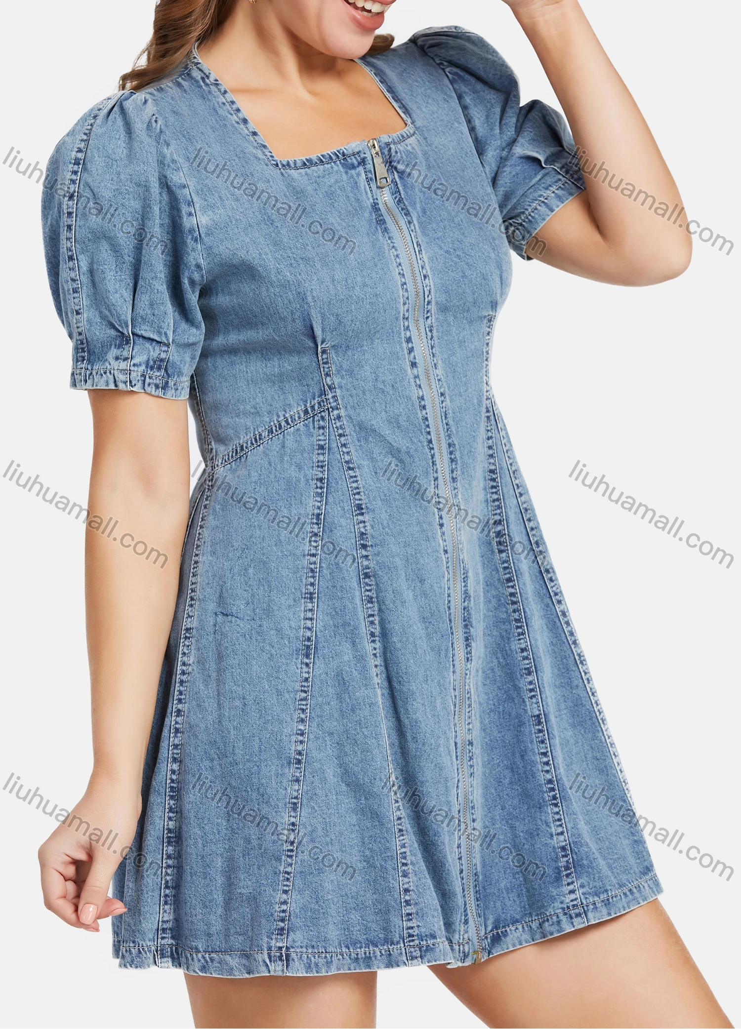 Wholesale Women's Casual High Waist Square Neck Puff Sleeve Zipper Demin Mini Dress - Liuhuamall