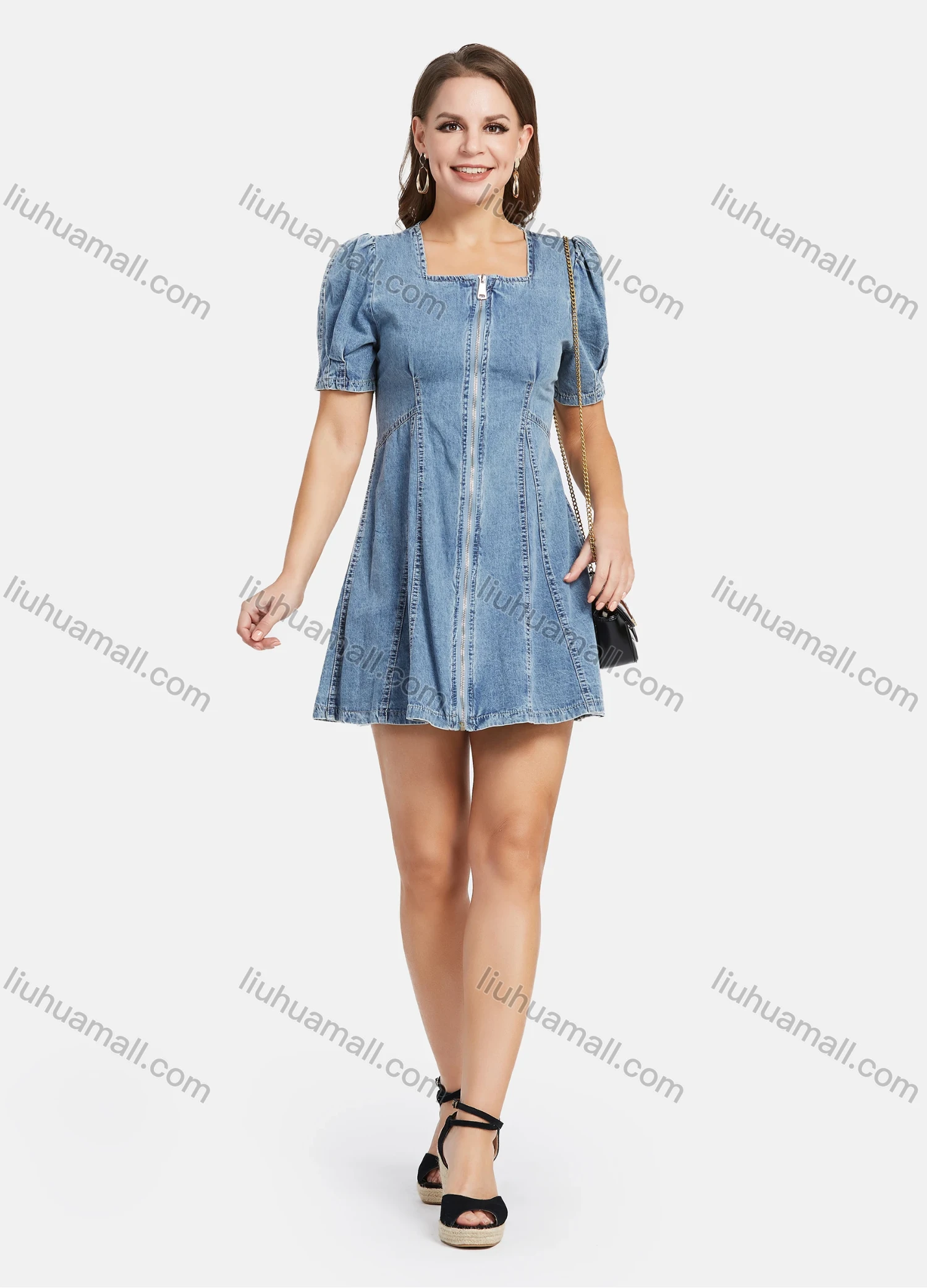 Wholesale Women's Casual High Waist Square Neck Puff Sleeve Zipper Demin Mini Dress - Liuhuamall