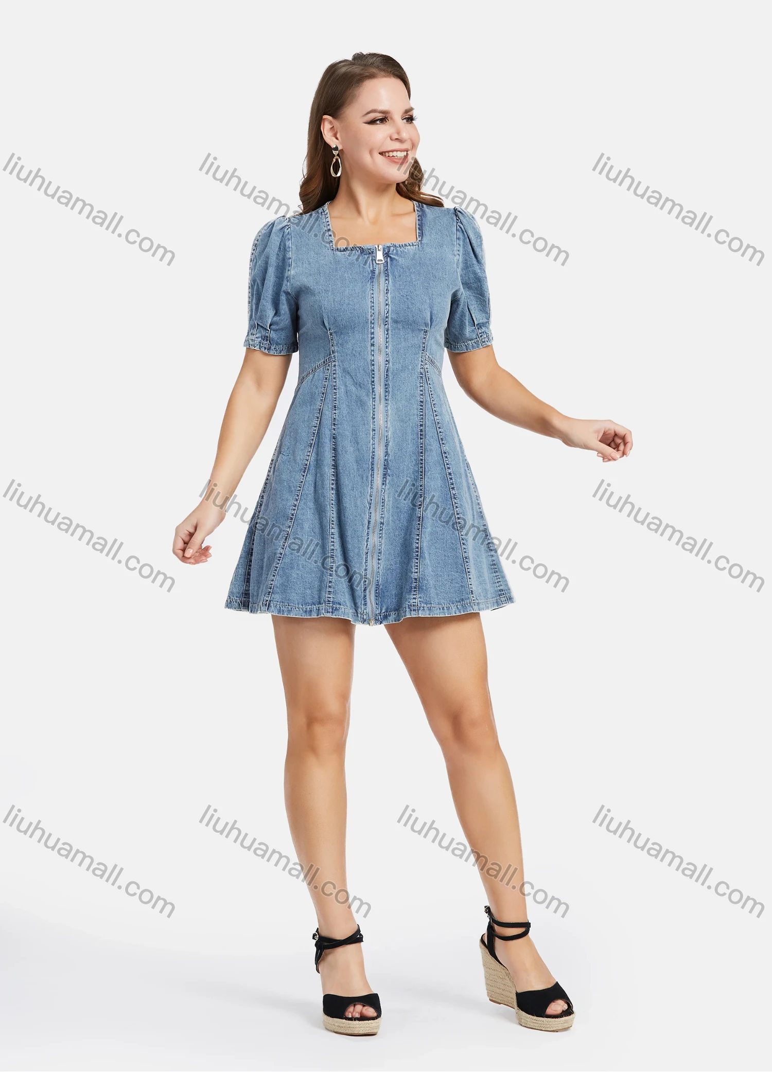 Wholesale Women's Casual High Waist Square Neck Puff Sleeve Zipper Demin Mini Dress - Liuhuamall