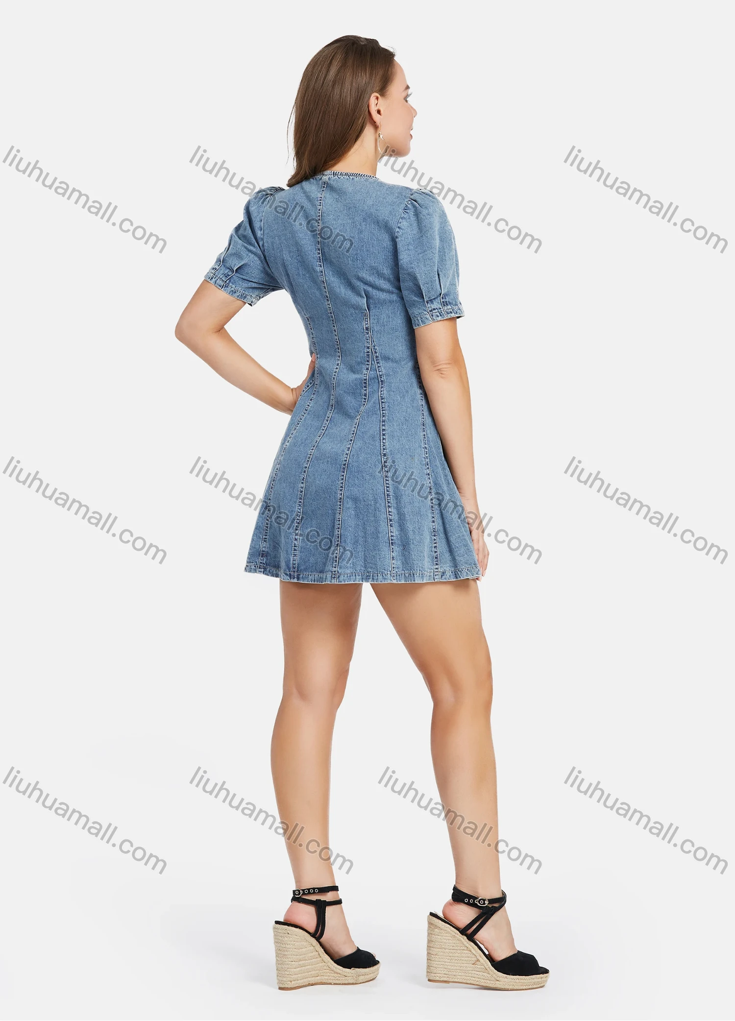 Wholesale Women's Casual High Waist Square Neck Puff Sleeve Zipper Demin Mini Dress - Liuhuamall