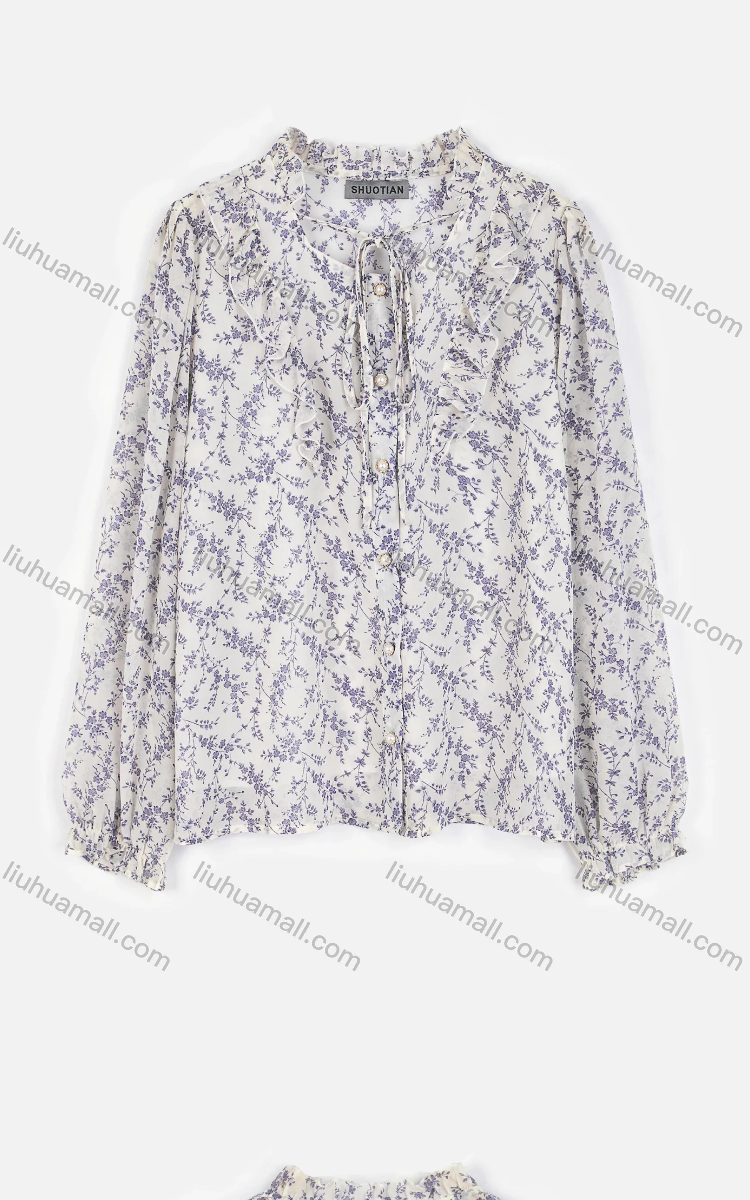 Wholesale Women's Casual Tie Neck Pearl Button Down Ruffle Trim Floral Shirt AT21066# - Liuhuamall