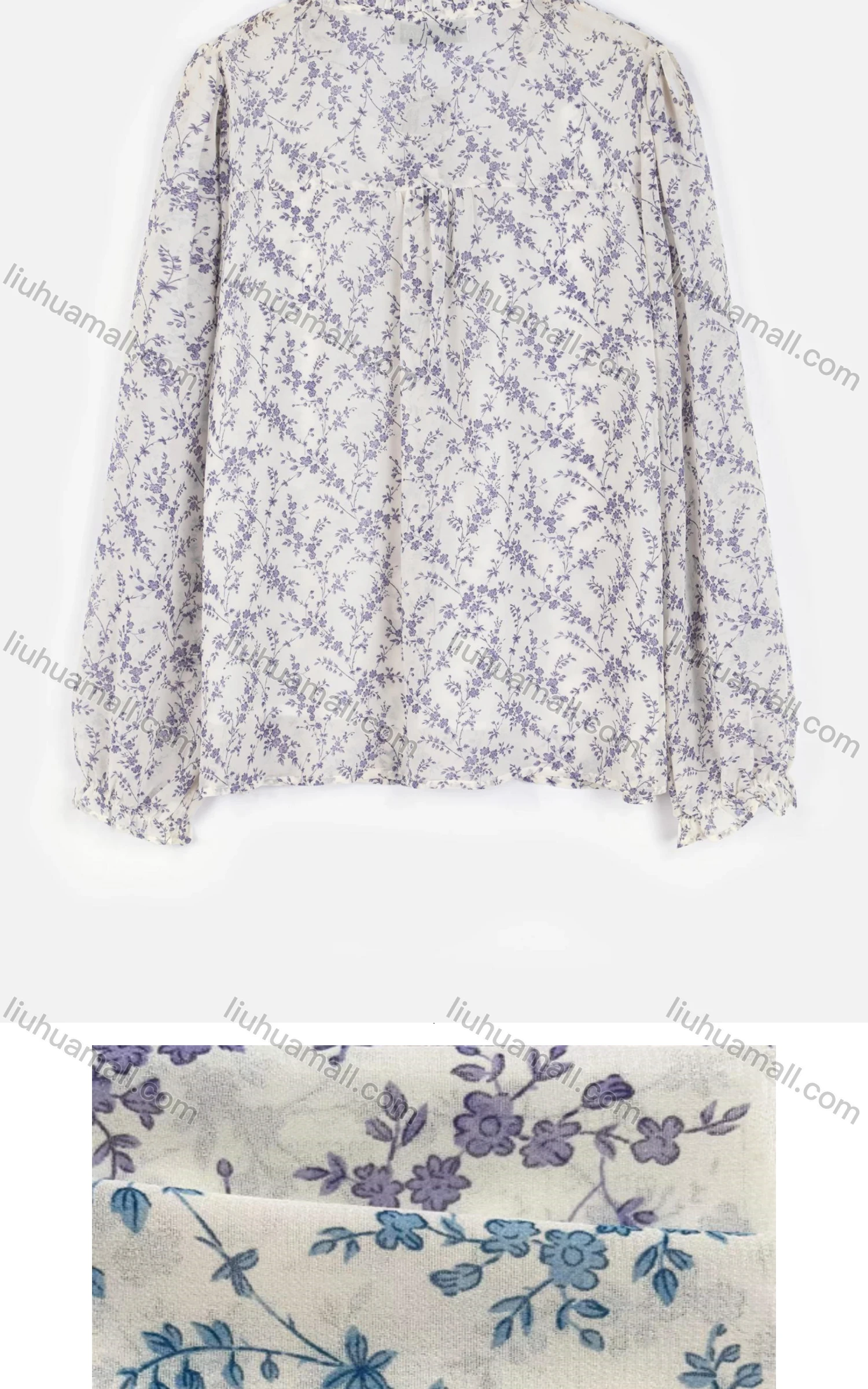 Wholesale Women's Casual Tie Neck Pearl Button Down Ruffle Trim Floral Shirt AT21066# - Liuhuamall