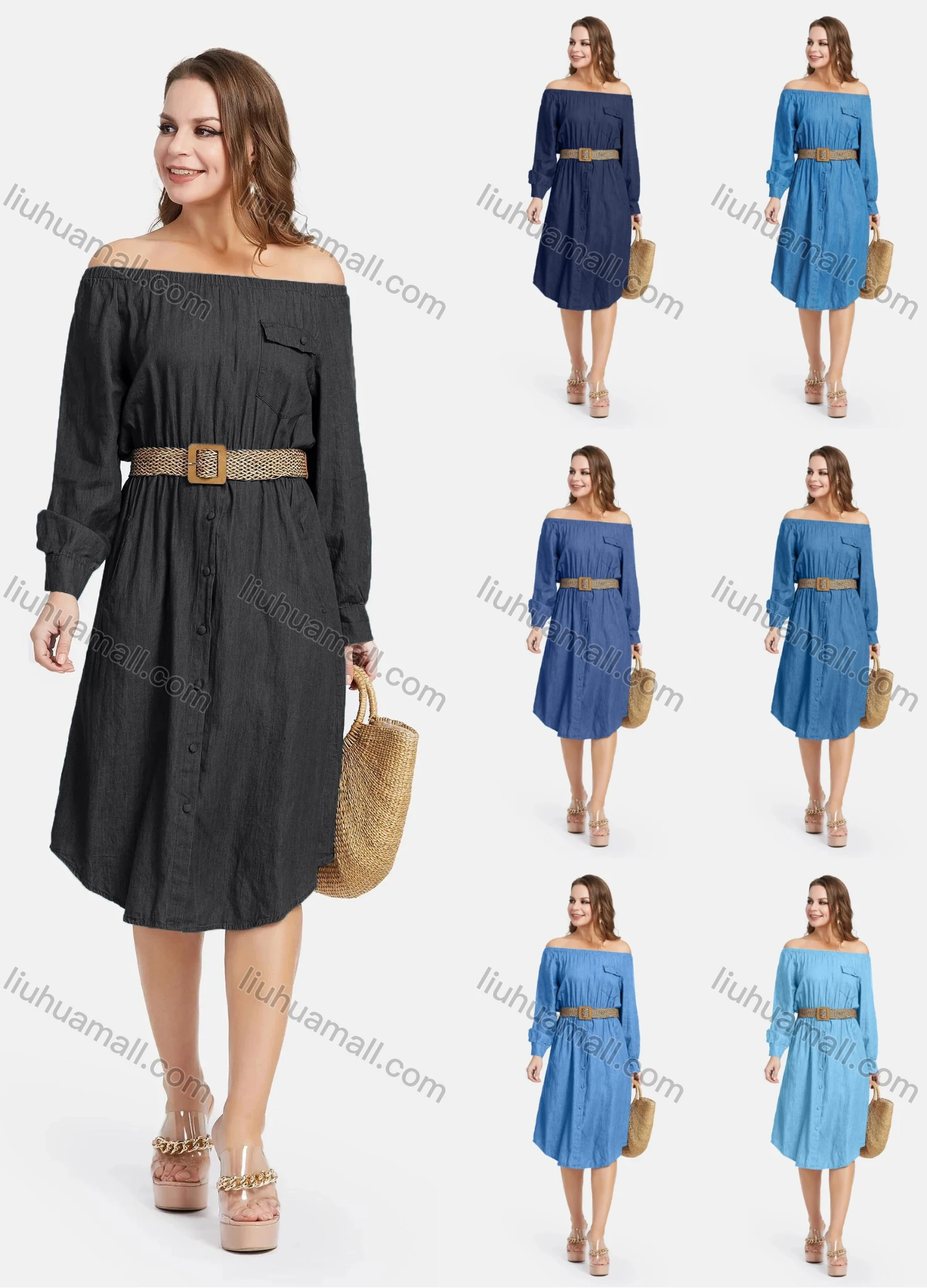 Wholesale Women's Casual Off Shoulder Flap Pocket Demin Dress With Belt - Liuhuamall
