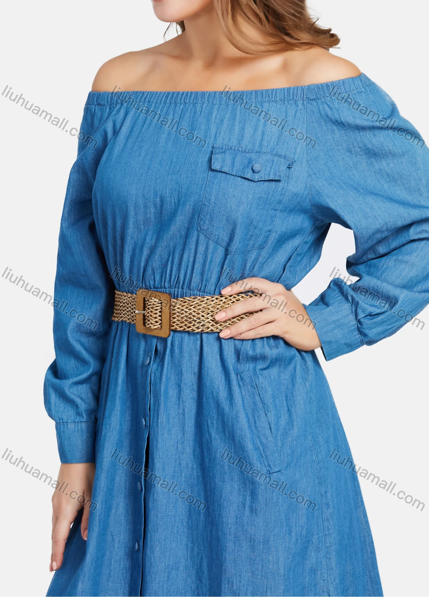 Wholesale Women's Casual Off Shoulder Flap Pocket Demin Dress With Belt - Liuhuamall