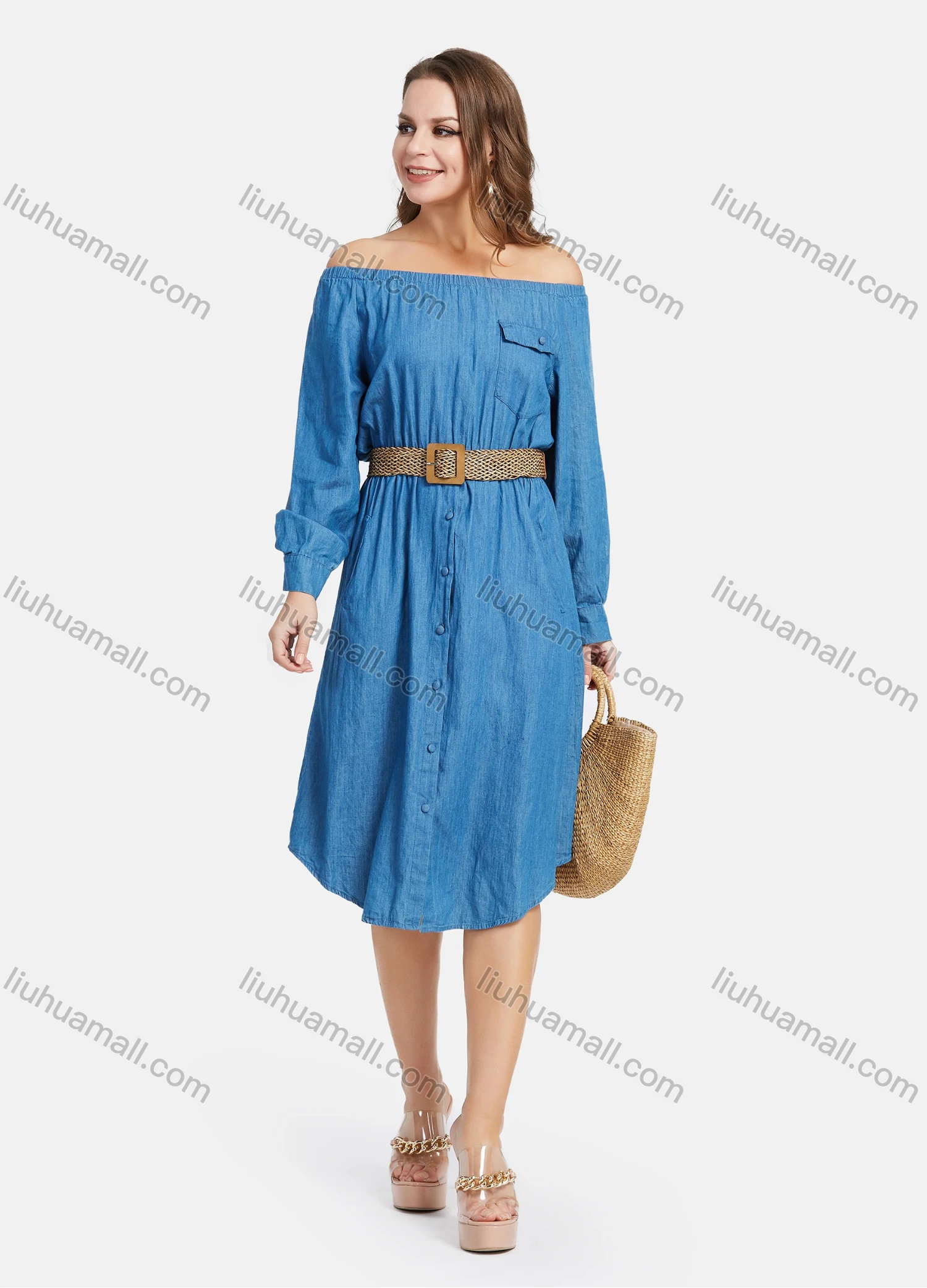 Wholesale Women's Casual Off Shoulder Flap Pocket Demin Dress With Belt - Liuhuamall