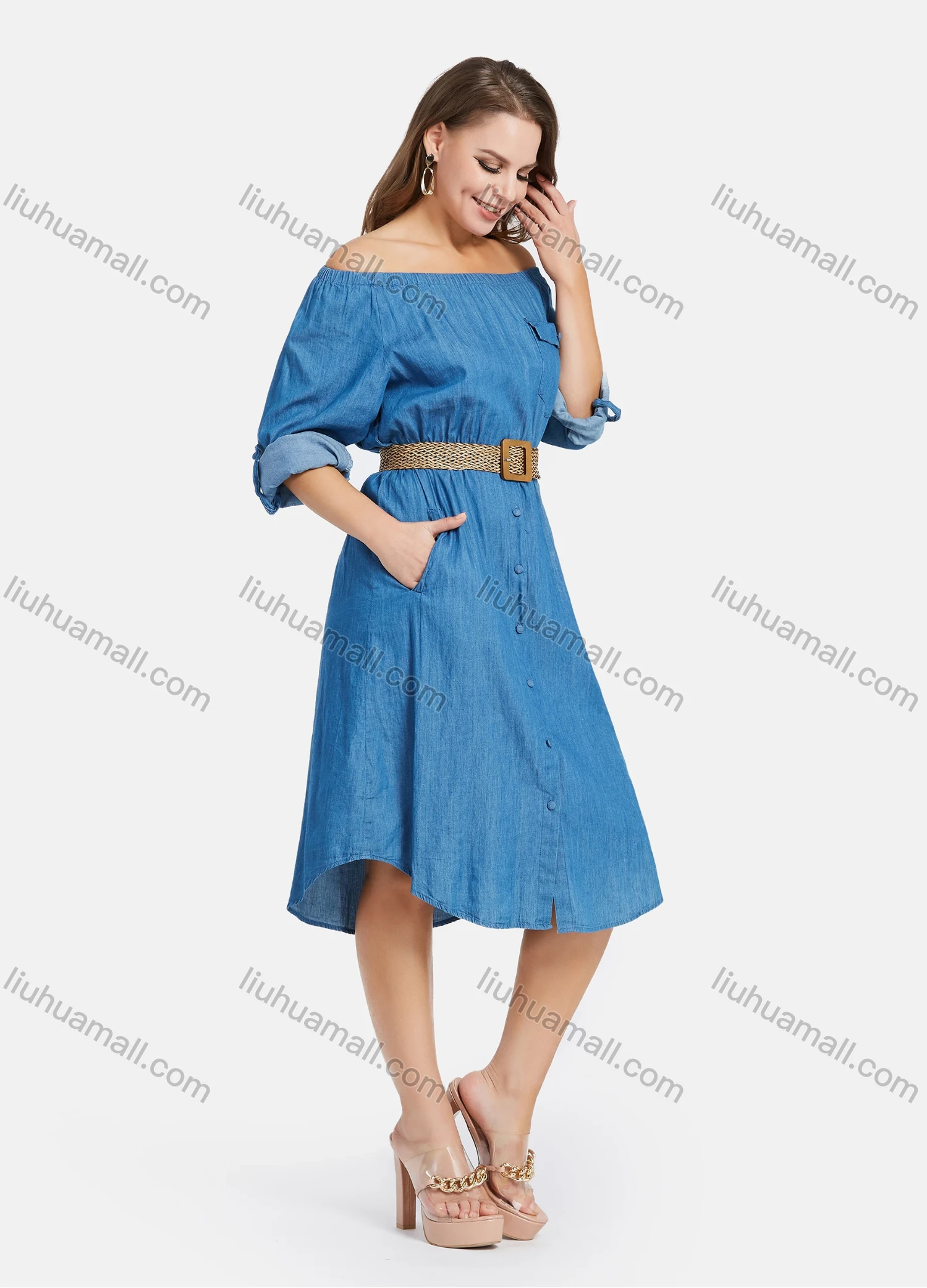 Wholesale Women's Casual Off Shoulder Flap Pocket Demin Dress With Belt - Liuhuamall