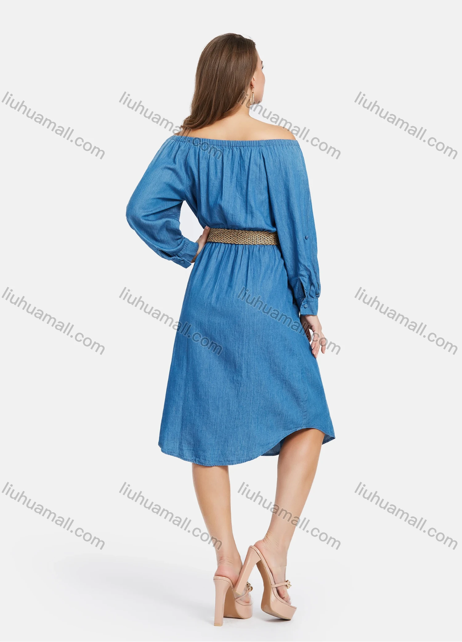Wholesale Women's Casual Off Shoulder Flap Pocket Demin Dress With Belt - Liuhuamall