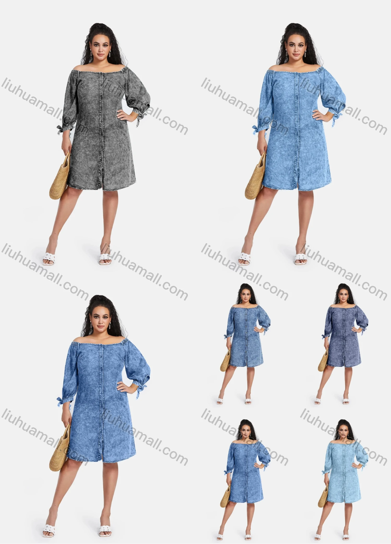 Wholesale Women's Plus Size Button Down Off Shoulder Demin Knee Length Dress - Liuhuamall