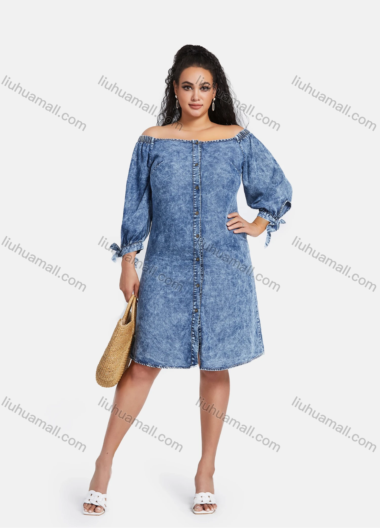 Wholesale Women's Plus Size Button Down Off Shoulder Demin Knee Length Dress - Liuhuamall