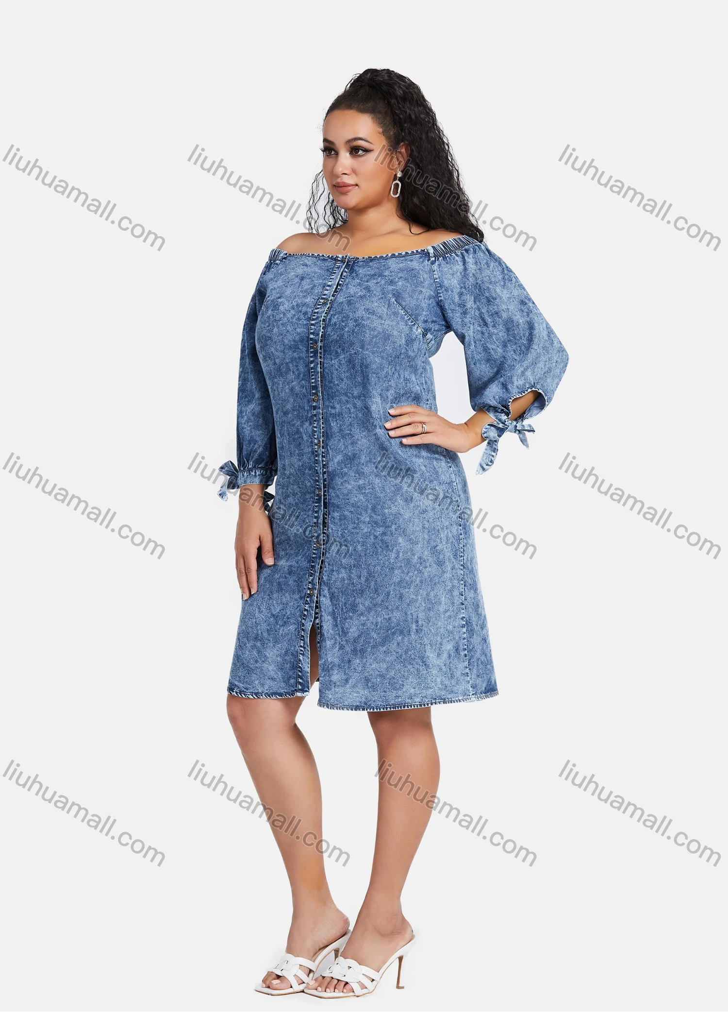 Wholesale Women's Plus Size Button Down Off Shoulder Demin Knee Length Dress - Liuhuamall
