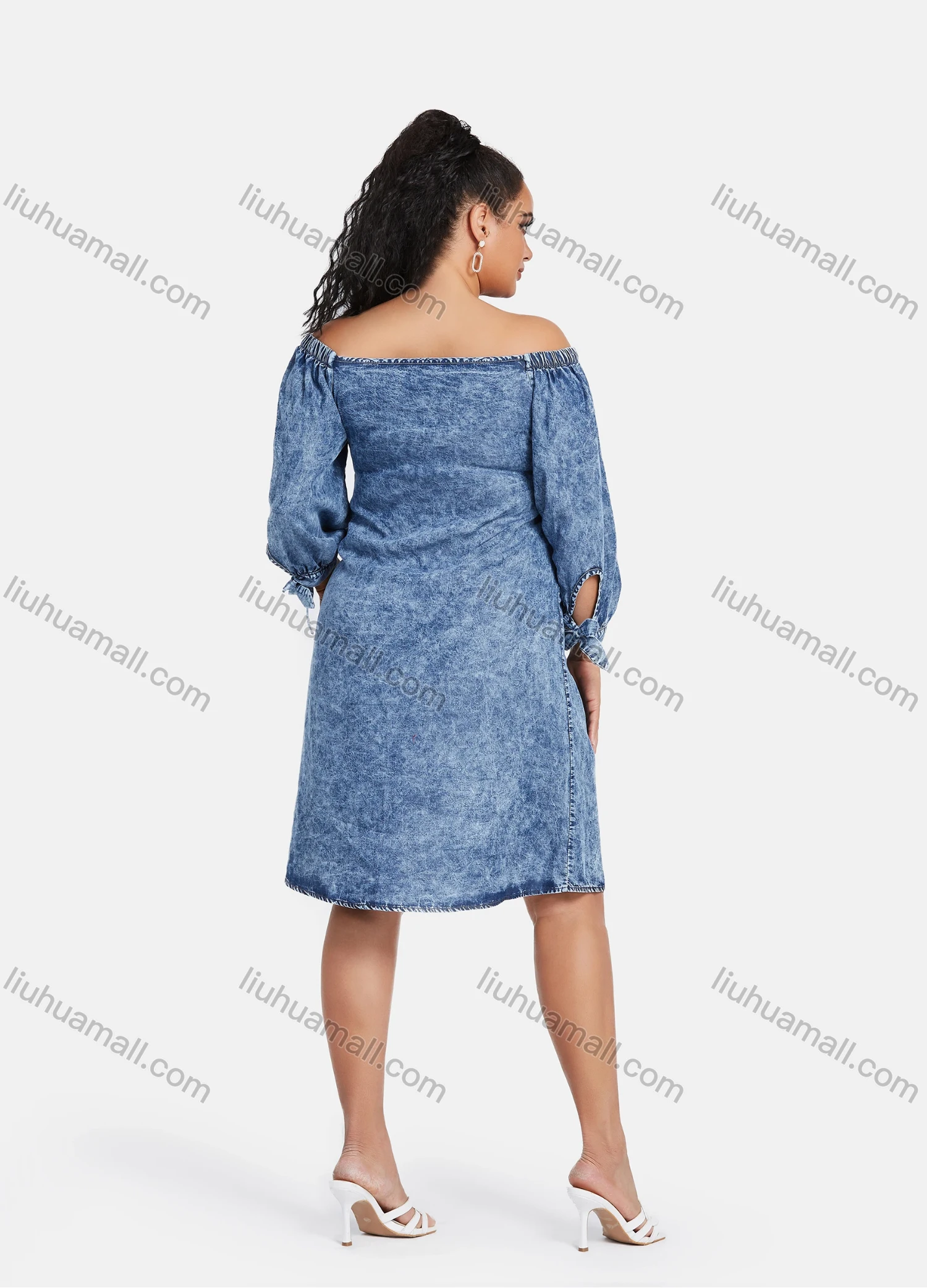 Wholesale Women's Plus Size Button Down Off Shoulder Demin Knee Length Dress - Liuhuamall