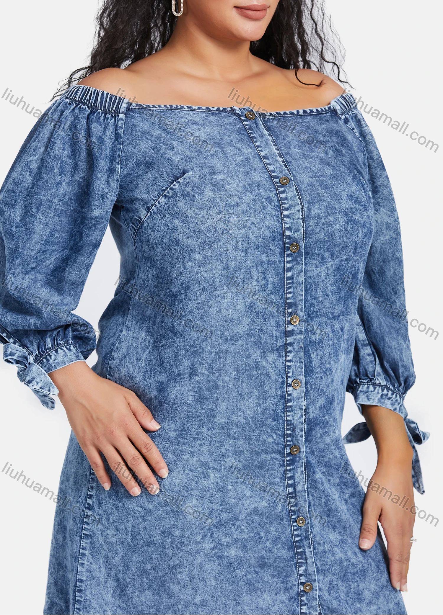 Wholesale Women's Plus Size Button Down Off Shoulder Demin Knee Length Dress - Liuhuamall