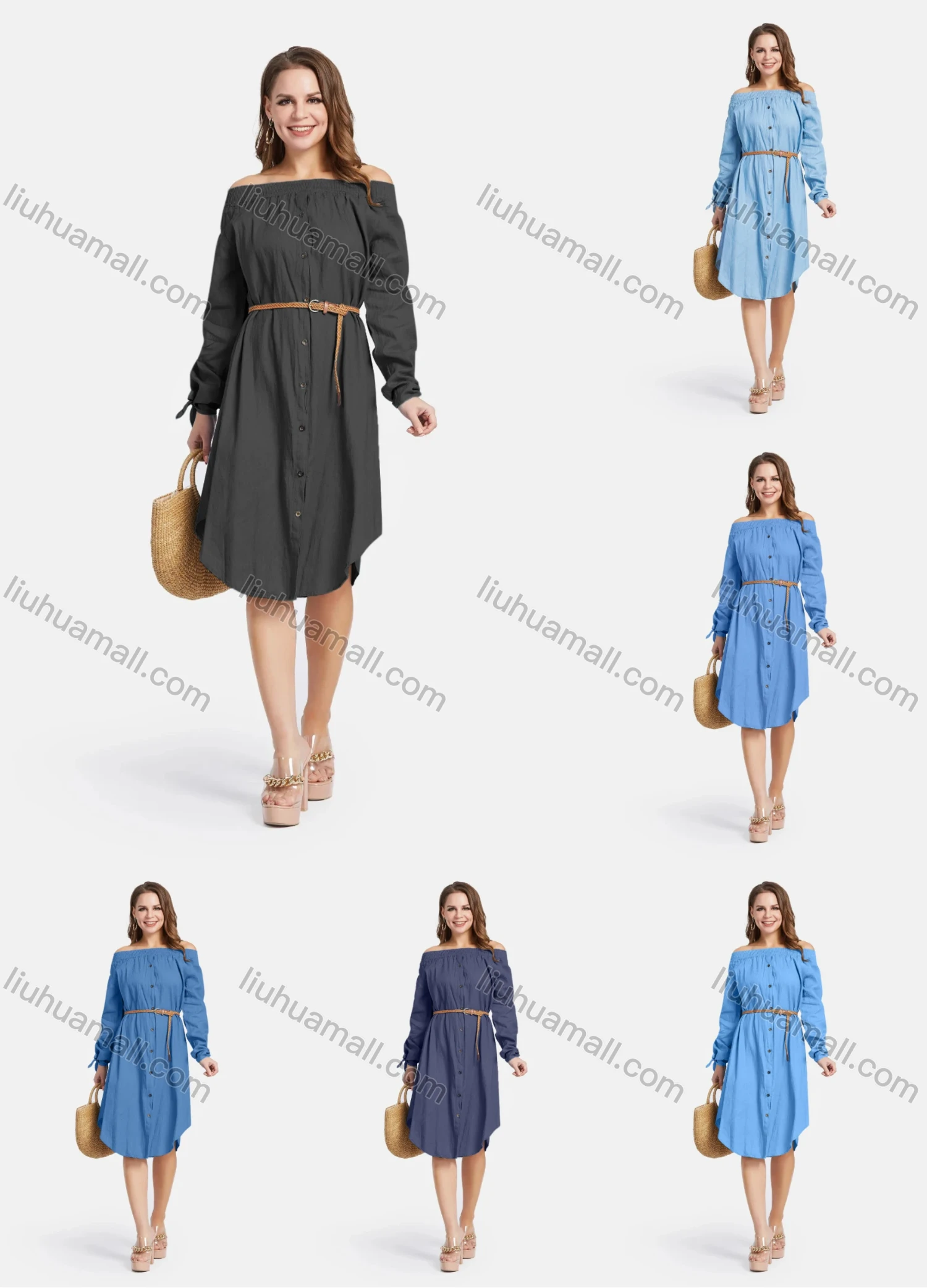 Wholesale Women's Casual Off Shoulder Long Sleeve Button Down Demin Dress With Belt - Liuhuamall