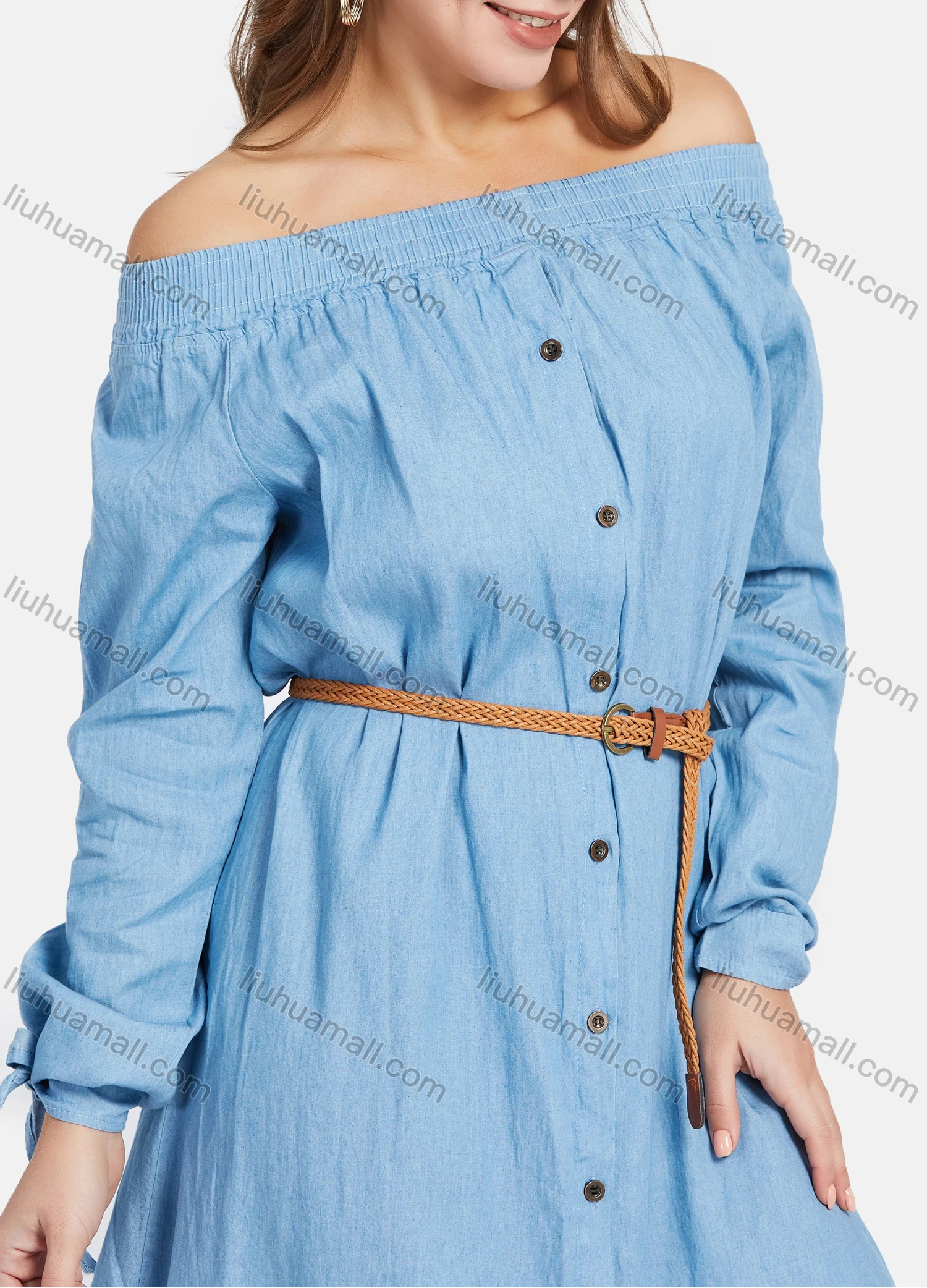Wholesale Women's Casual Off Shoulder Long Sleeve Button Down Demin Dress With Belt - Liuhuamall
