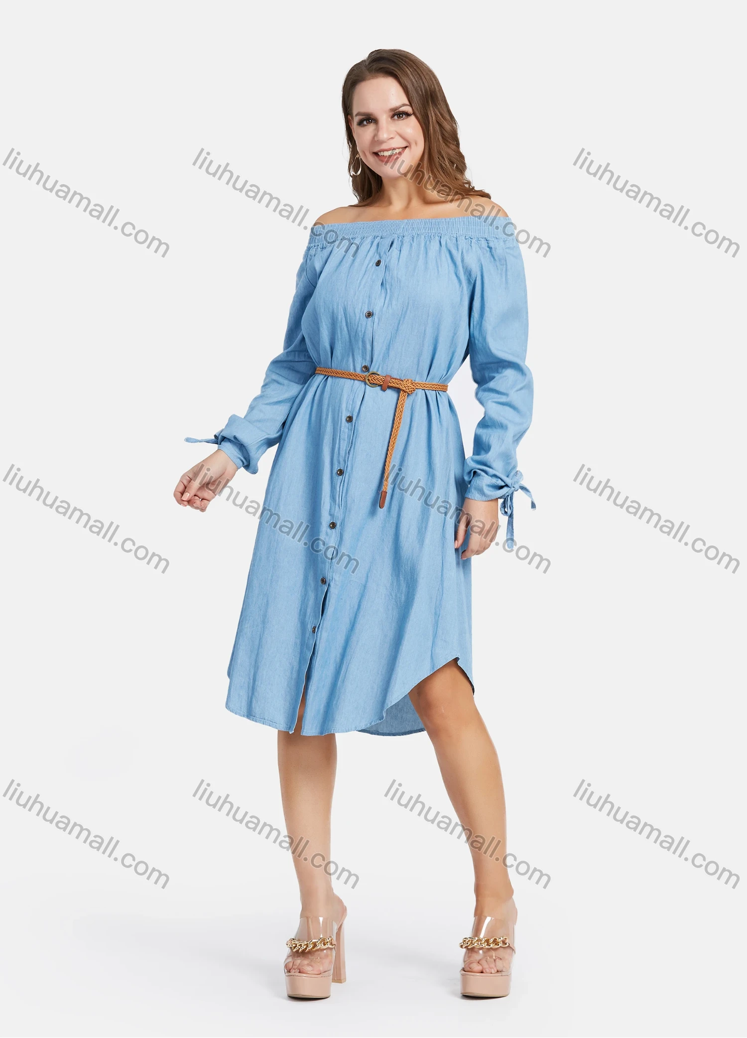 Wholesale Women's Casual Off Shoulder Long Sleeve Button Down Demin Dress With Belt - Liuhuamall