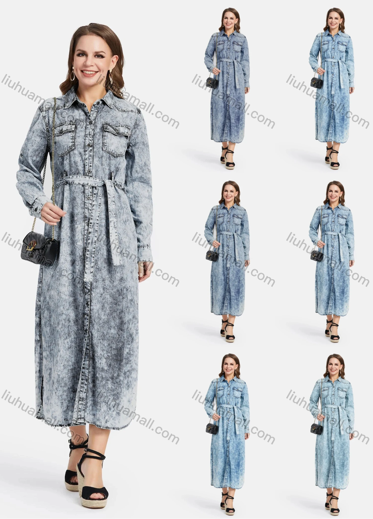 Wholesale Women's Casual Long Sleeve Flap Pocket Maxi Demin Shirt Dress With Belt - Liuhuamall