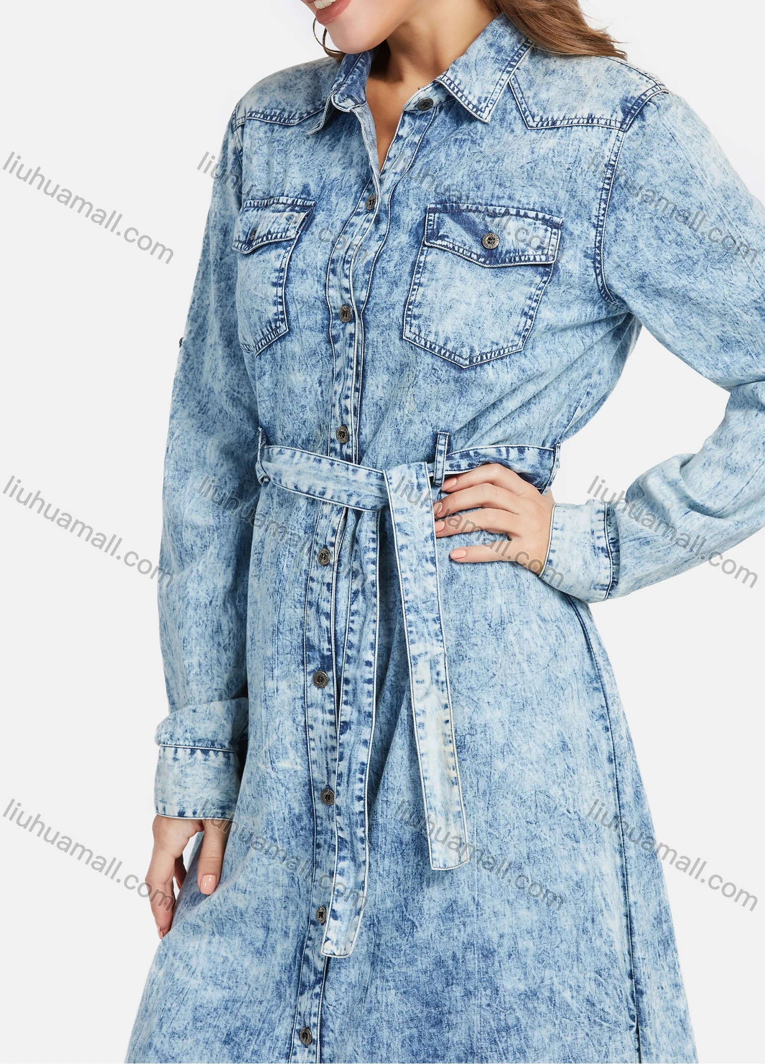 Wholesale Women's Casual Long Sleeve Flap Pocket Maxi Demin Shirt Dress With Belt - Liuhuamall