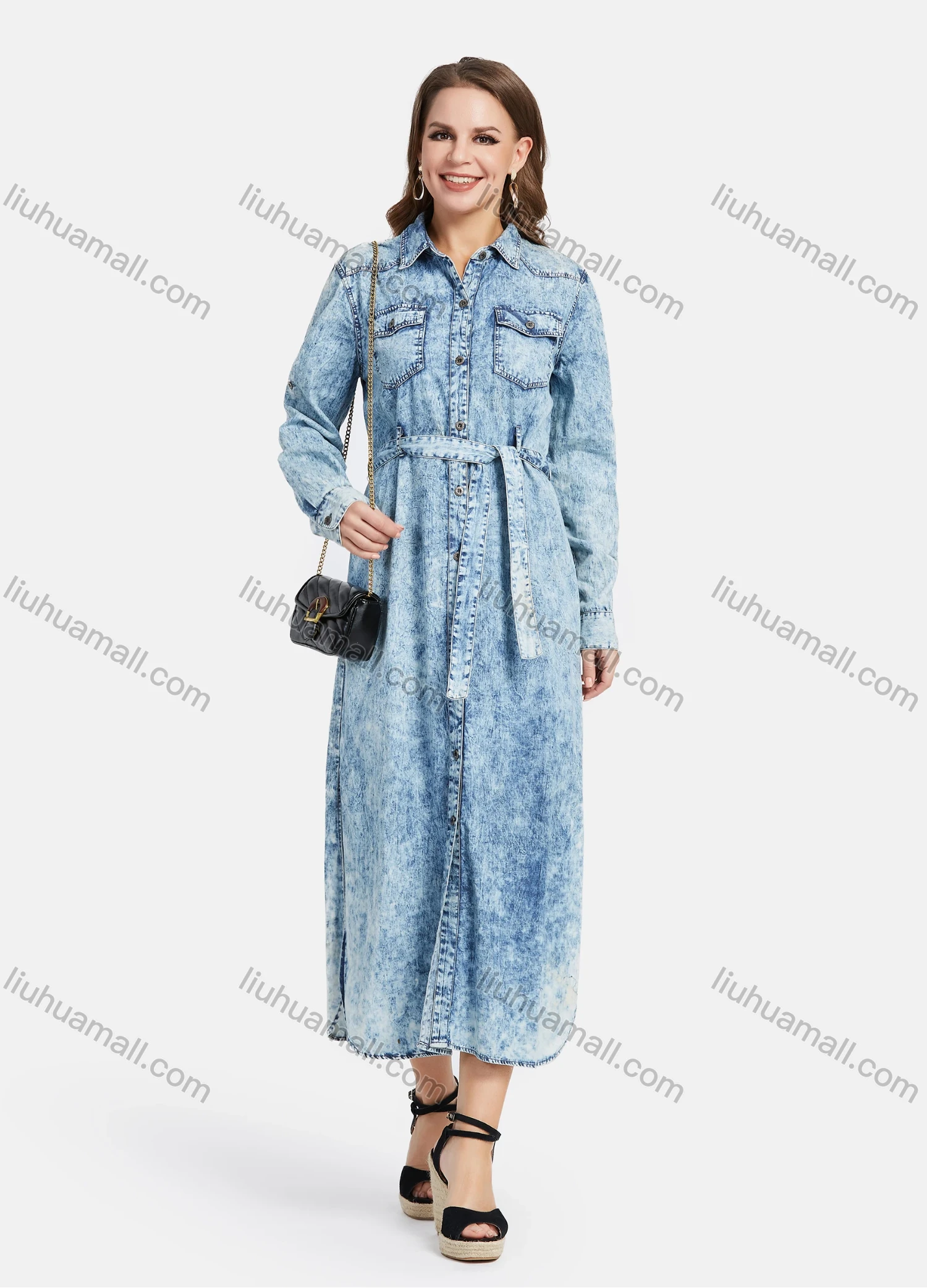 Wholesale Women's Casual Long Sleeve Flap Pocket Maxi Demin Shirt Dress With Belt - Liuhuamall