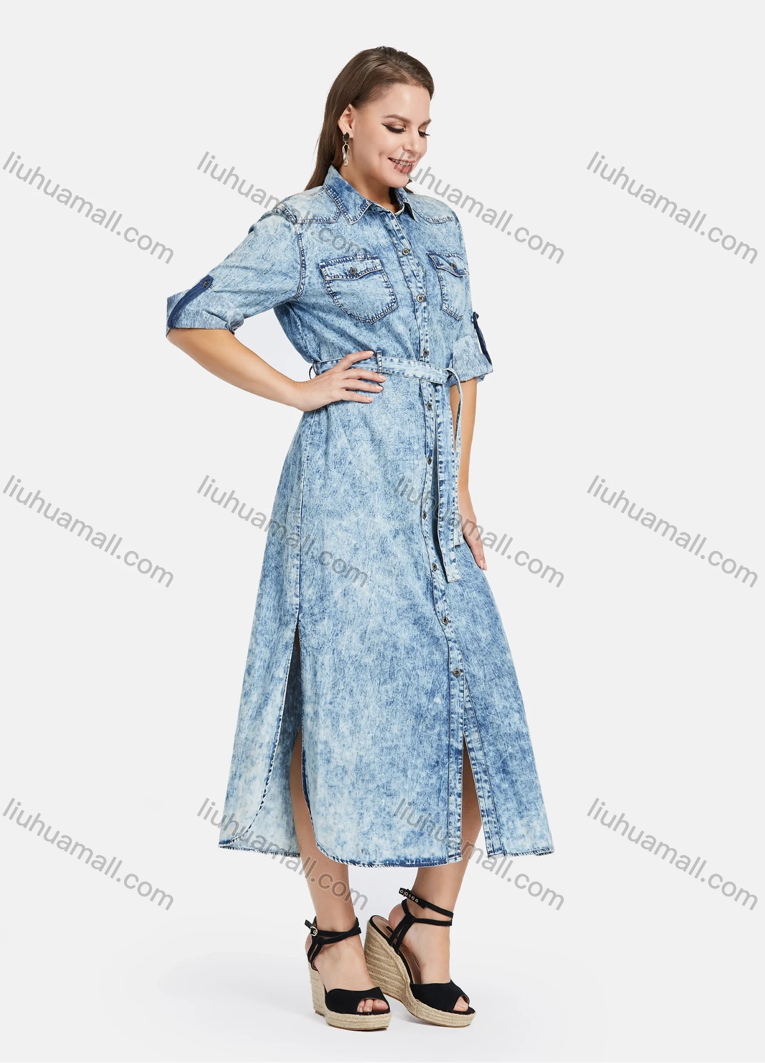 Wholesale Women's Casual Long Sleeve Flap Pocket Maxi Demin Shirt Dress With Belt - Liuhuamall
