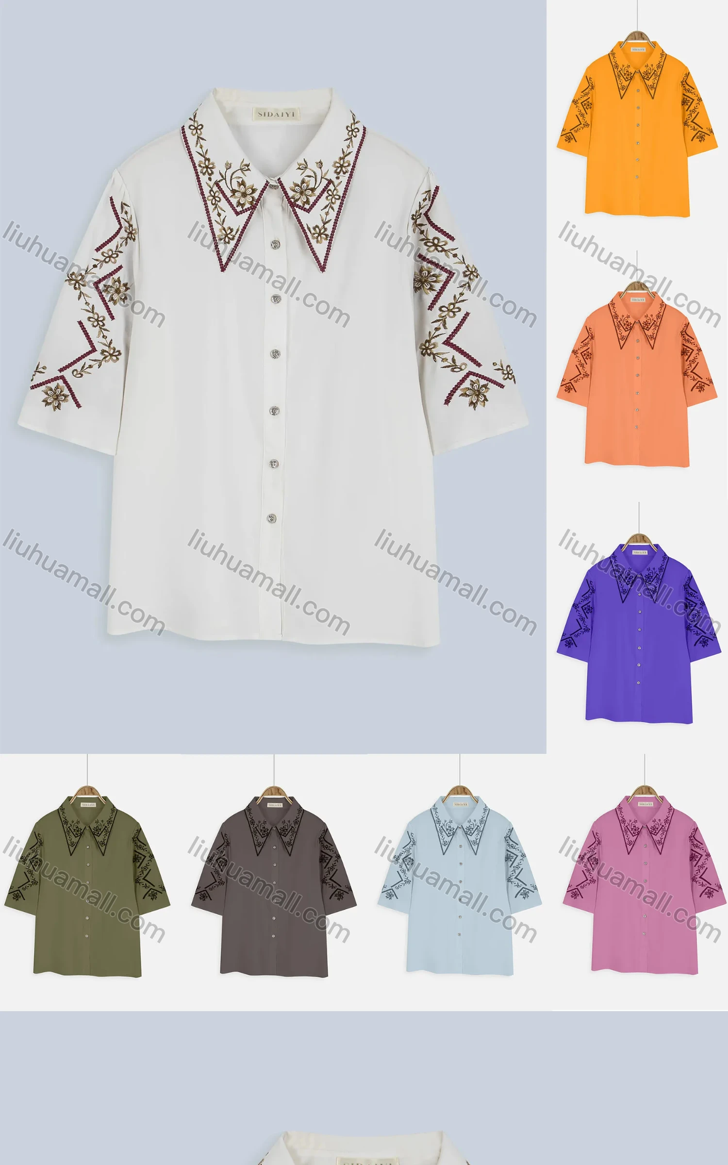 Wholesale Women's Casual Collared Half Sleeve Floral Embroidery Button Down Shirt - Liuhuamall