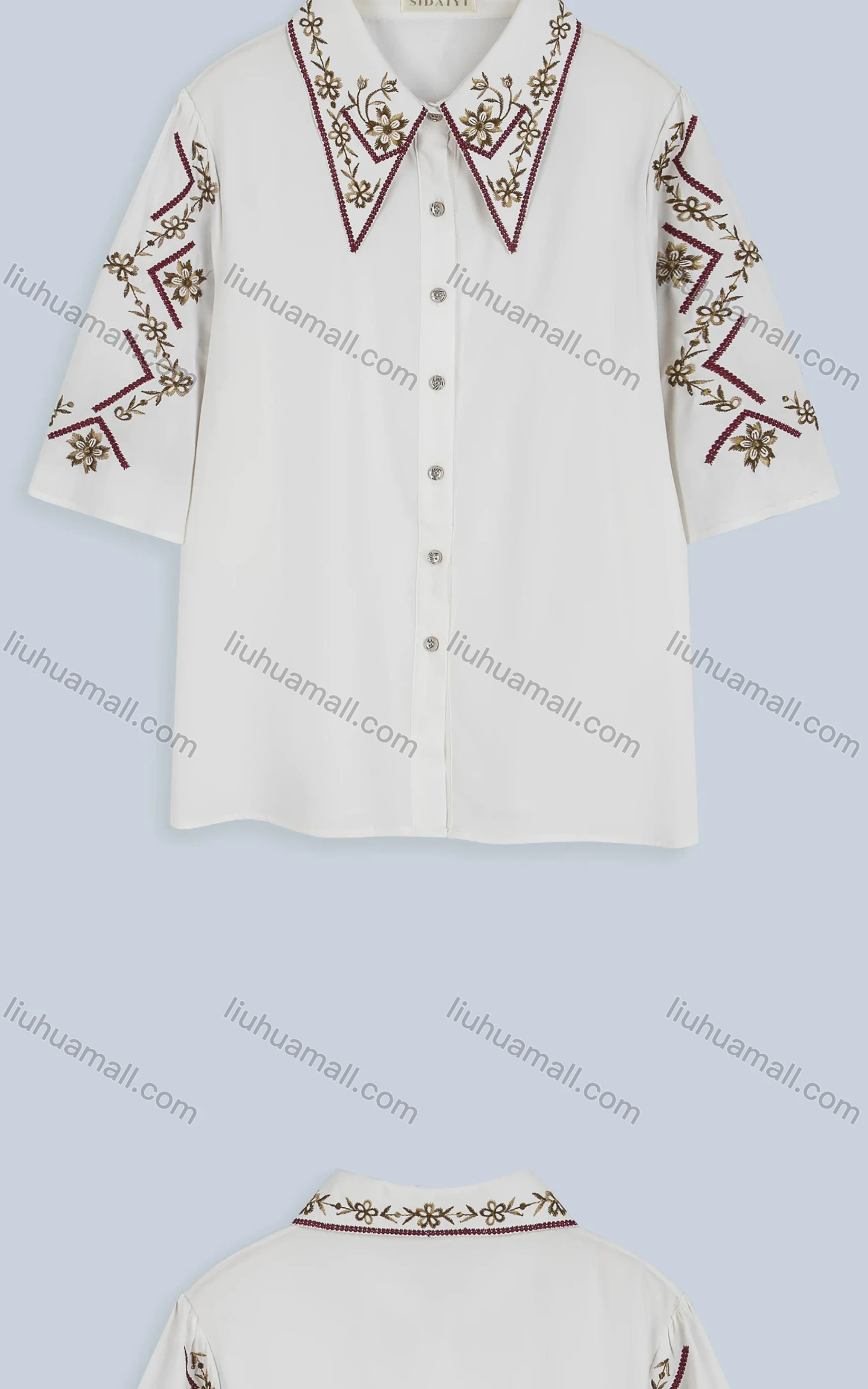 Wholesale Women's Casual Collared Half Sleeve Floral Embroidery Button Down Shirt - Liuhuamall