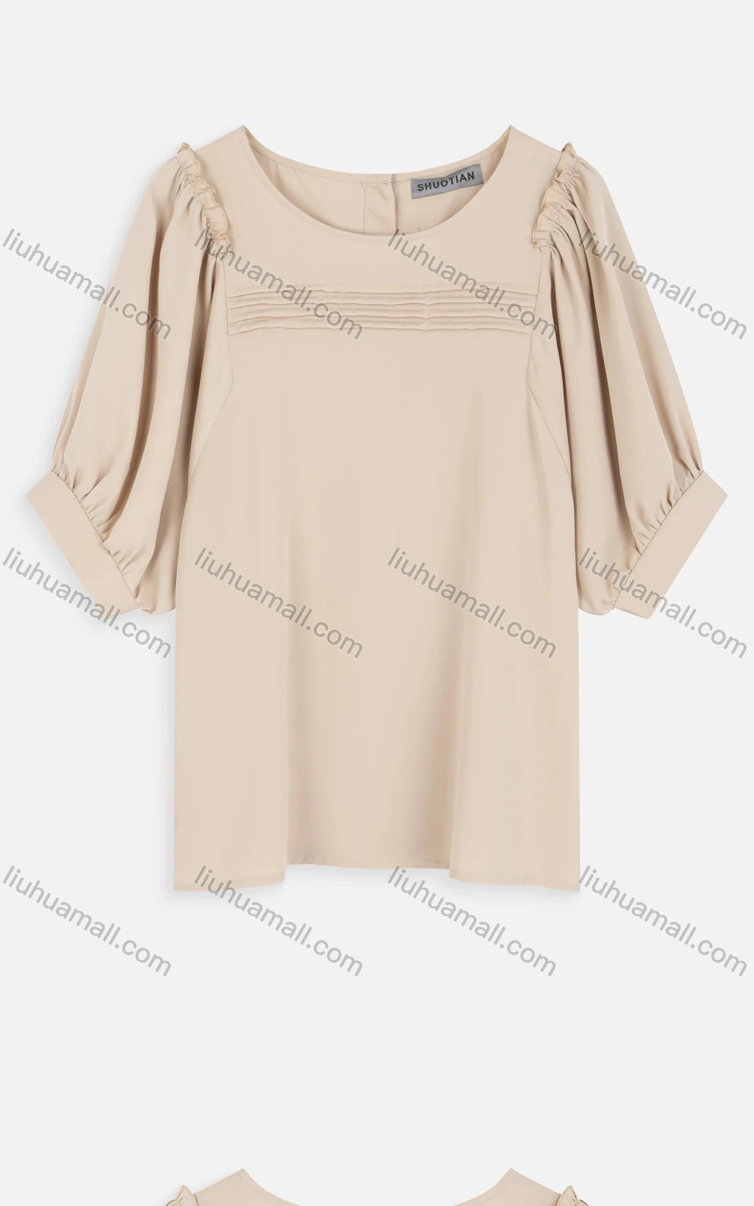 Wholesale Women's Casual Ruffle Trim Ruched Loose Sleeve Button Back Blouse - Liuhuamall