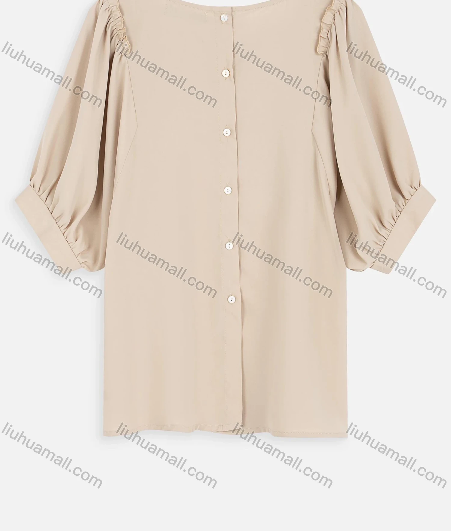 Wholesale Women's Casual Ruffle Trim Ruched Loose Sleeve Button Back Blouse - Liuhuamall